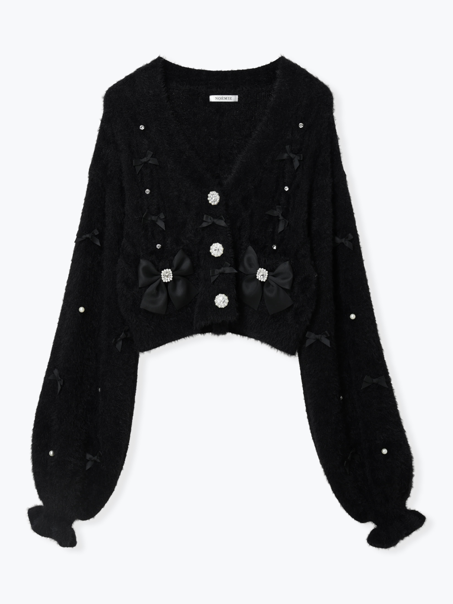 メニーリボンビジューふわふわシャギーカーデ（カーディガン｜オフ