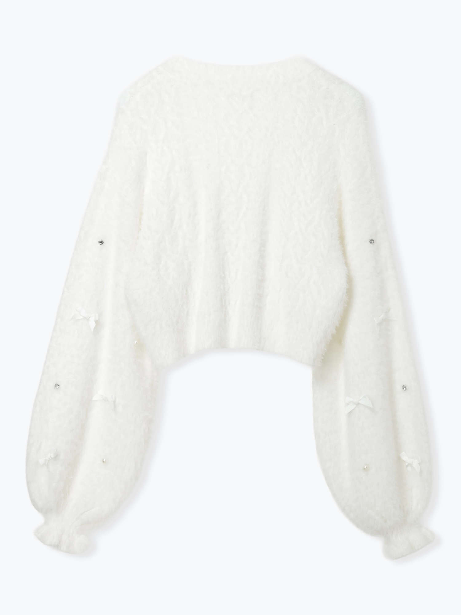 メニーリボンビジューふわふわシャギーカーデ（カーディガン｜オフ