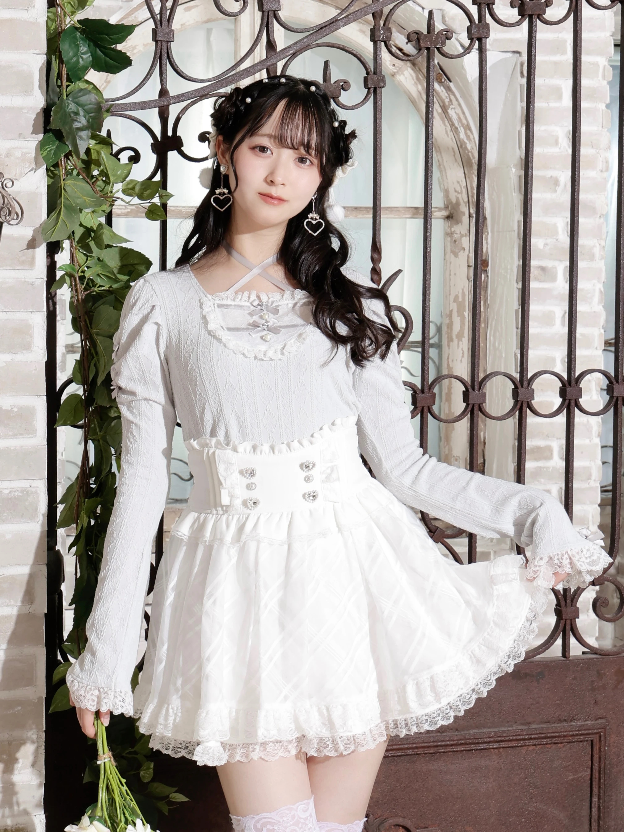 お嬢さんバックレースアップフレアスリーブカットソー（カットソー・T