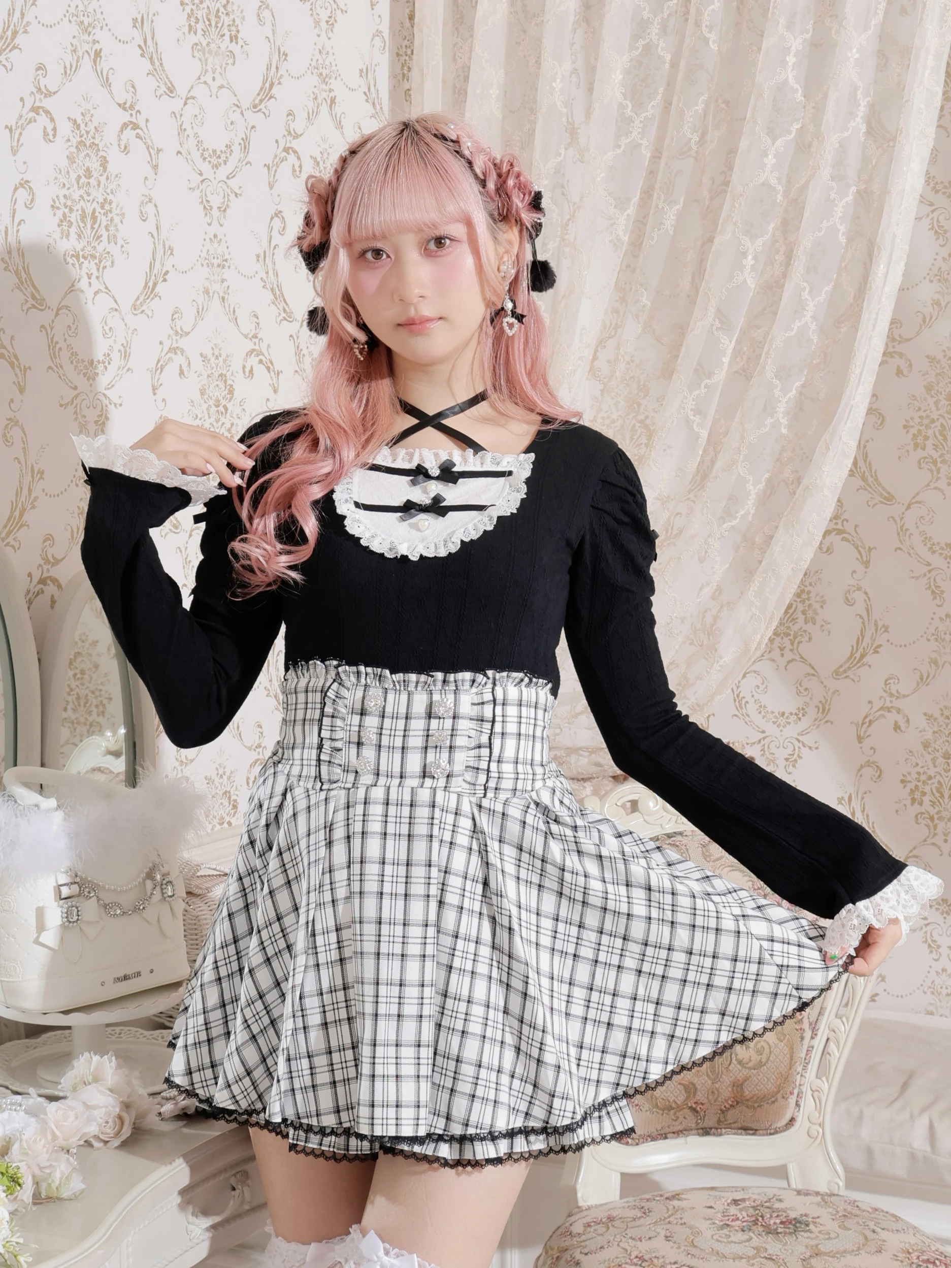 お嬢さんバックレースアップフレアスリーブカットソー（カットソー・T