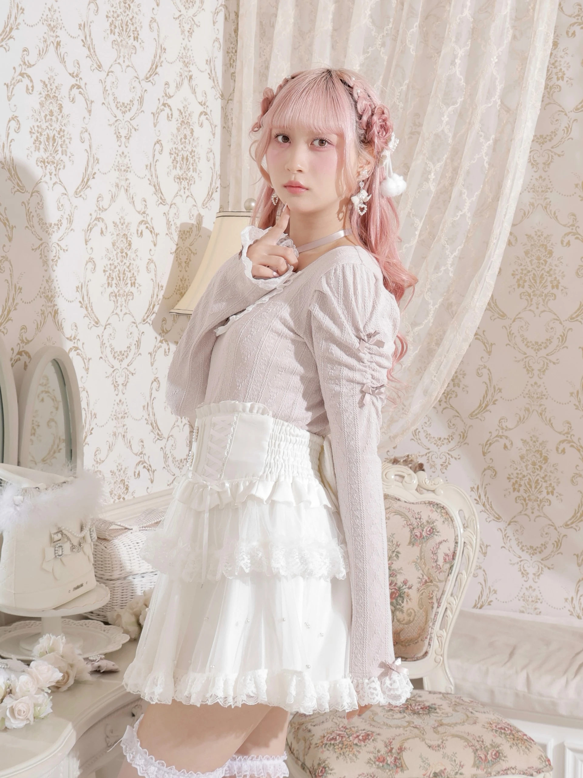 お嬢さんバックレースアップフレアスリーブカットソー（カットソー・T