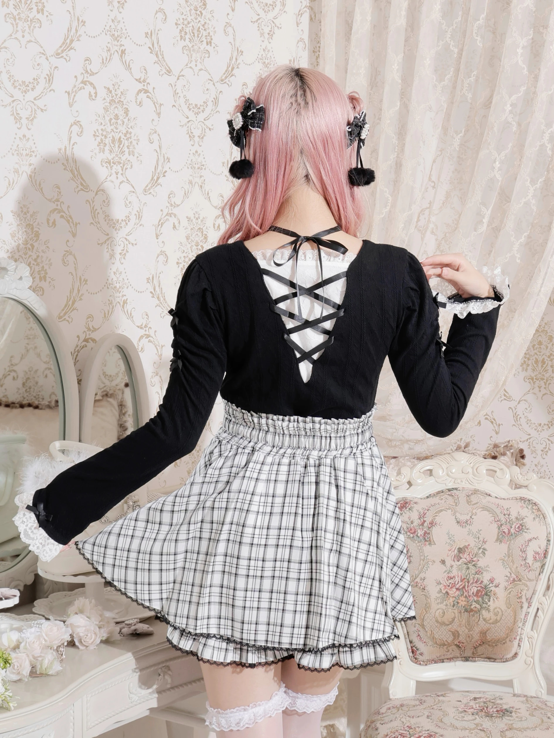 NOEMIE ノエミー フレアスリーブバックレースアップカットソー ブラック お嬢さんバックレースアップフレアスリーブカットソー