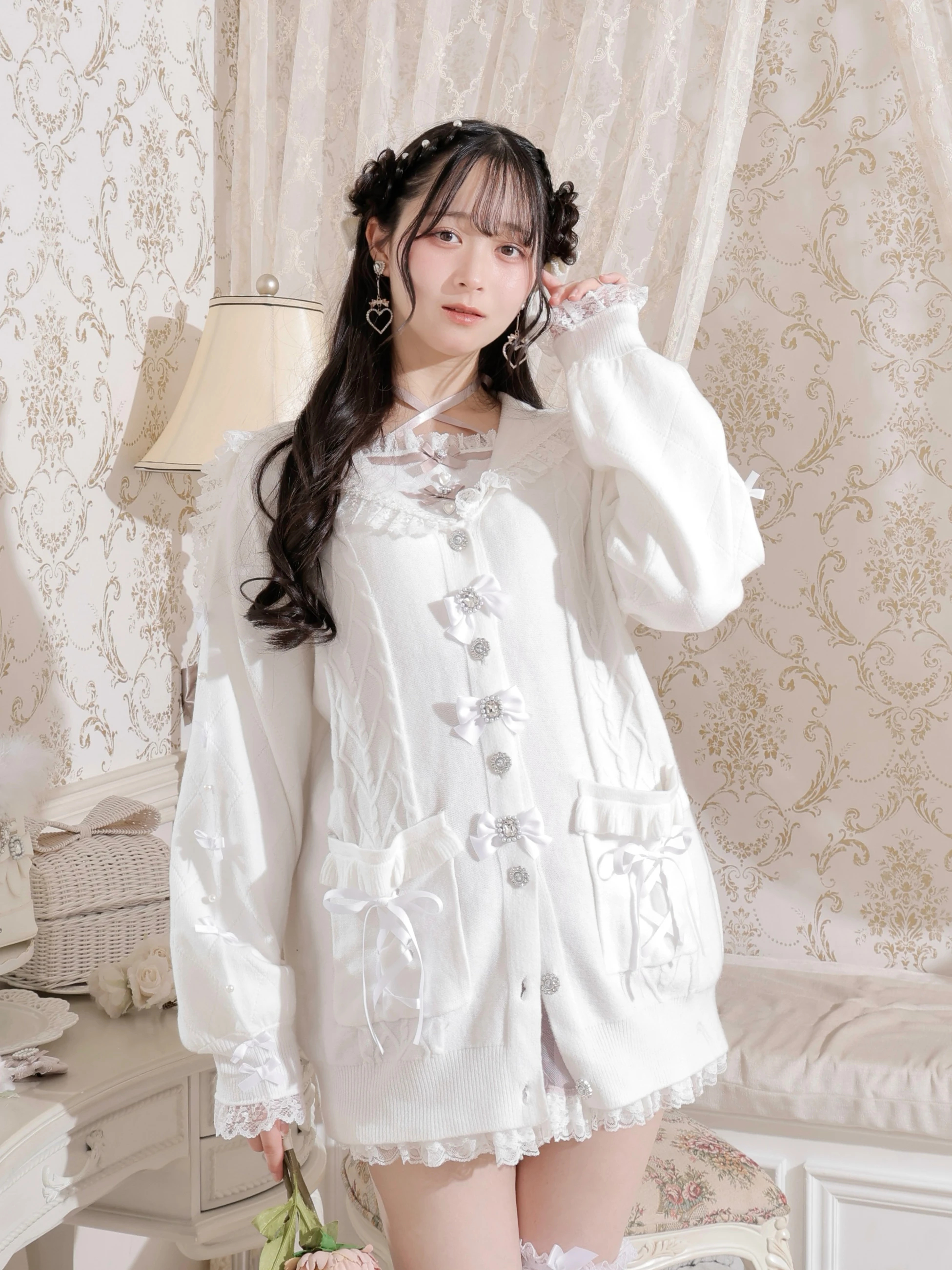 メニーリボンケーブルセーラカーデ（カーディガン｜ピンク・オフ