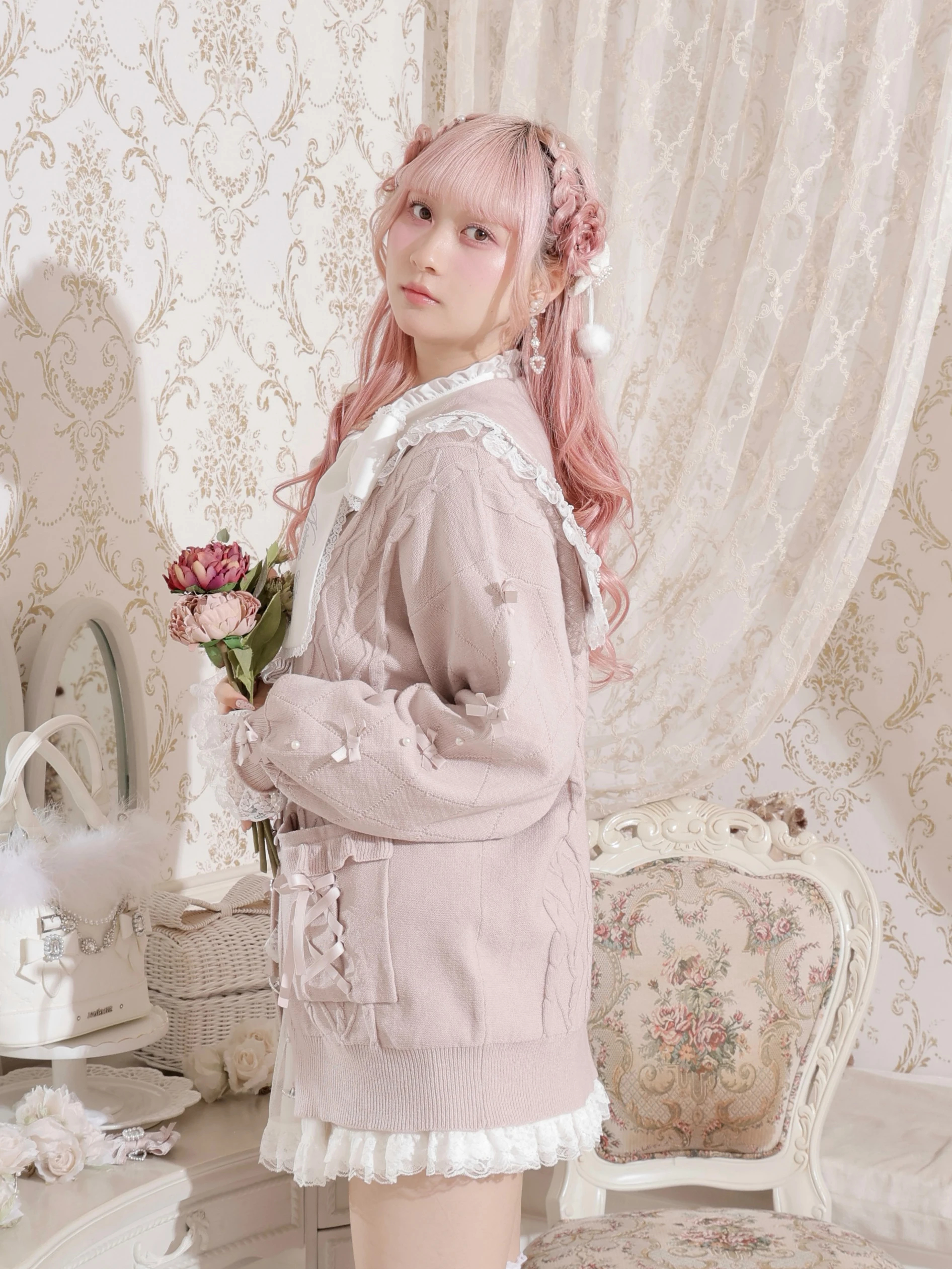 メニーリボンケーブルセーラカーデ（カーディガン｜ピンク・オフ