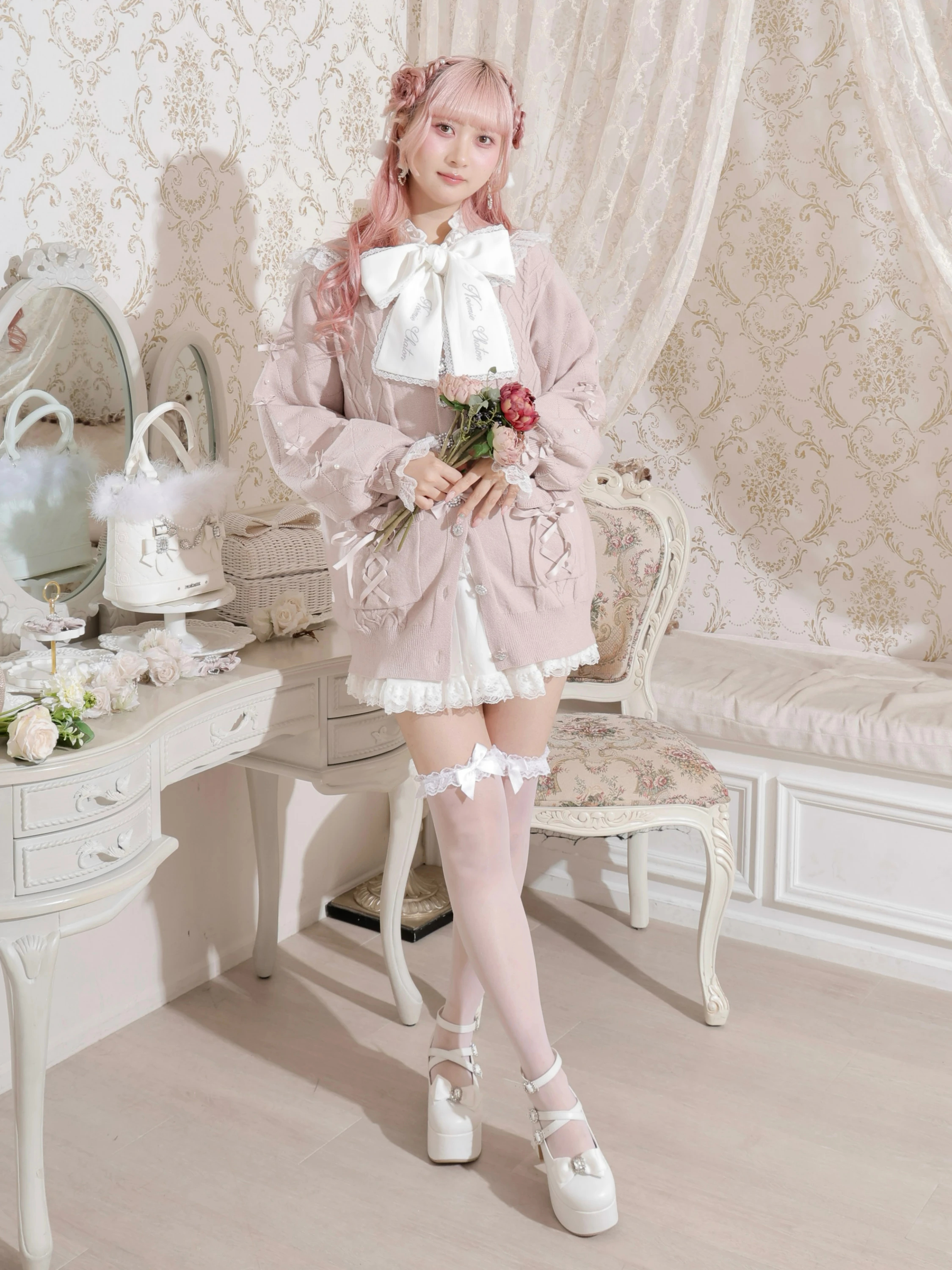 メニーリボンケーブルセーラカーデ（カーディガン｜黒・オフホワイト