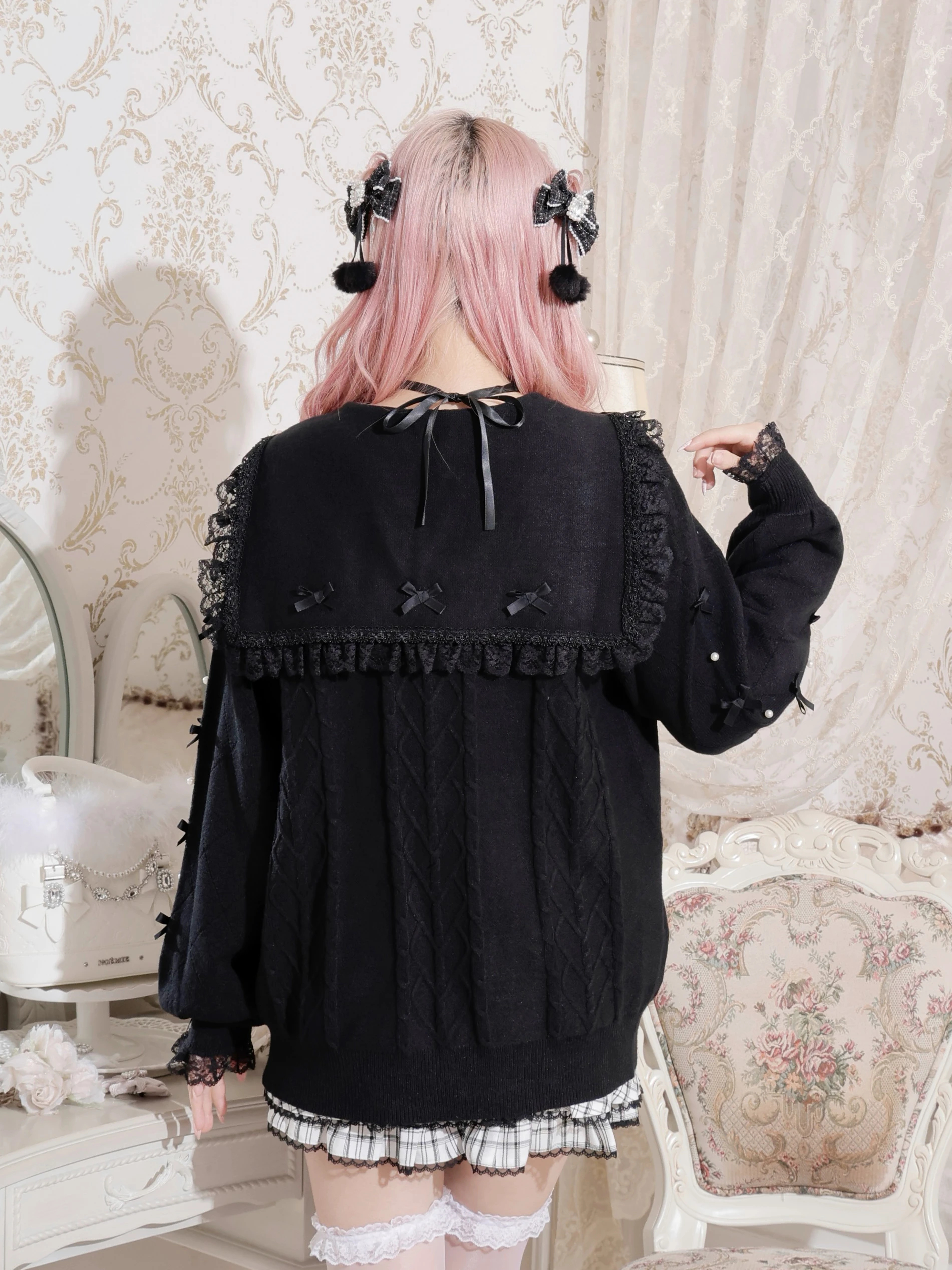 【美品】トリココムデギャルソン　長袖カーディガン　リボン　レース　ベロア 美品 トリココムデギャルソン リボンカーディガン 黒 サイズM相当*MD50