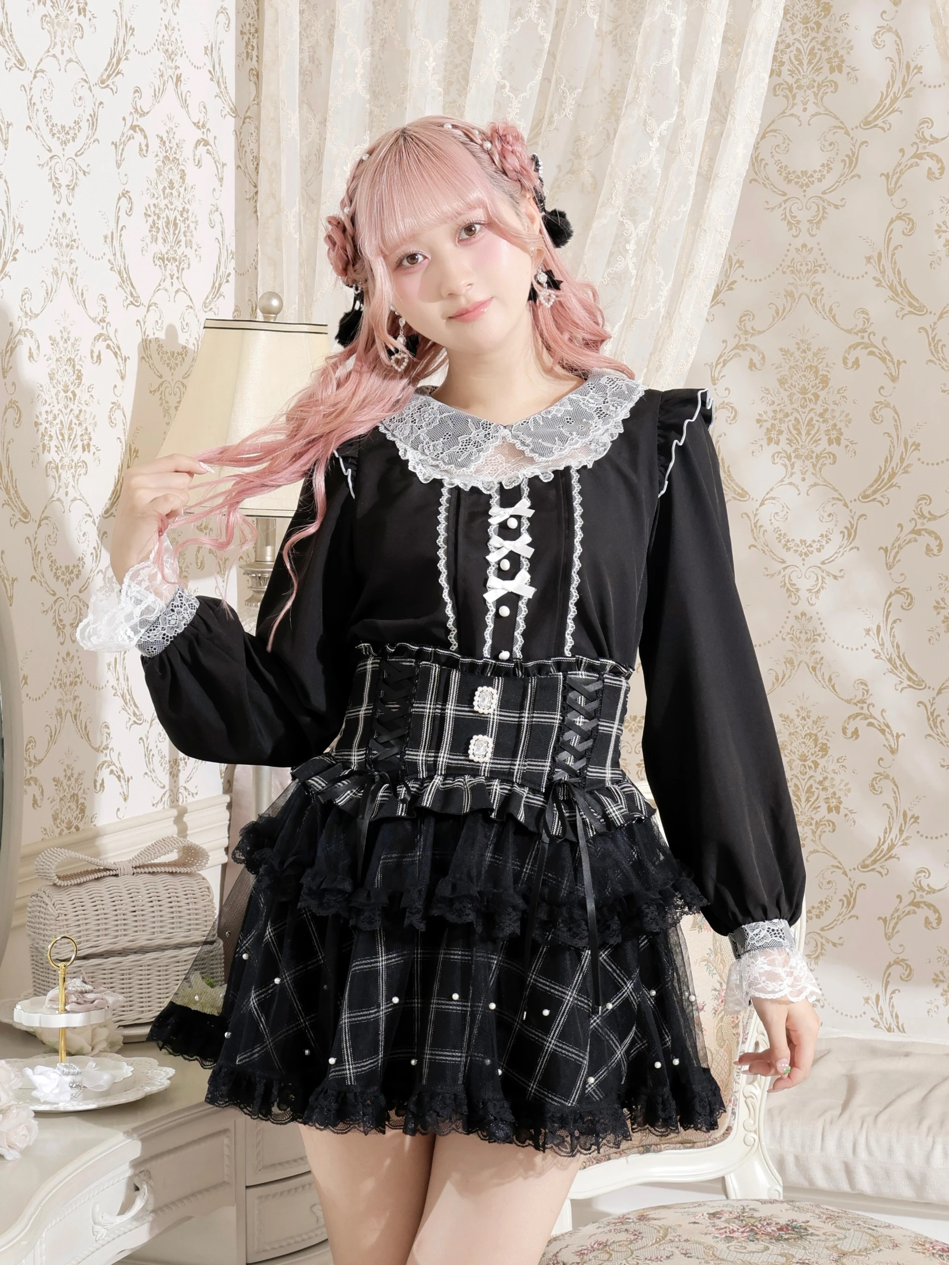 メニーリボンデコルテレースブラウス（シャツ・ブラウス｜ピンク・A柄