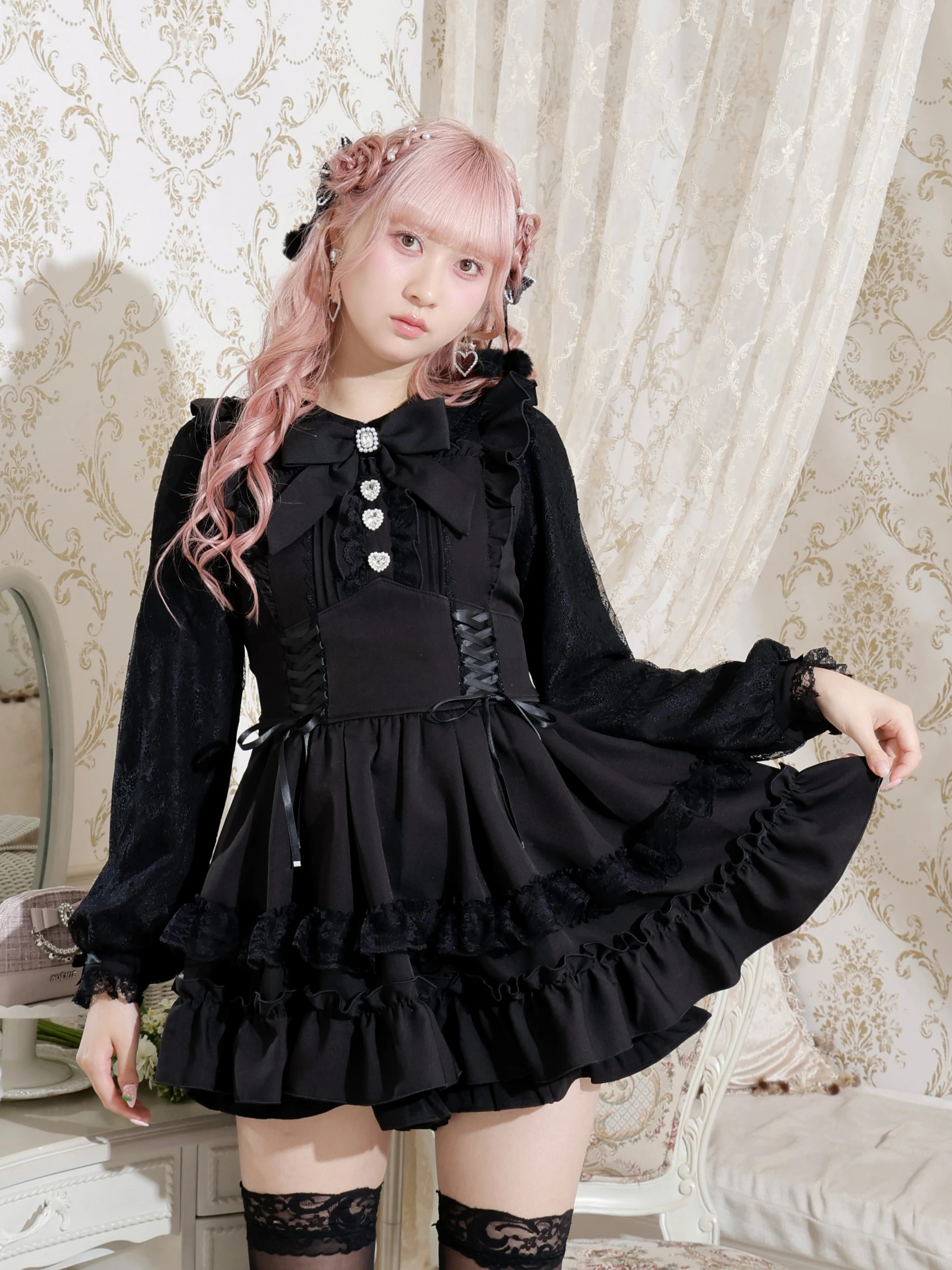 地雷 NOEMIE ノエミー ティアードレースアップ セットアップ