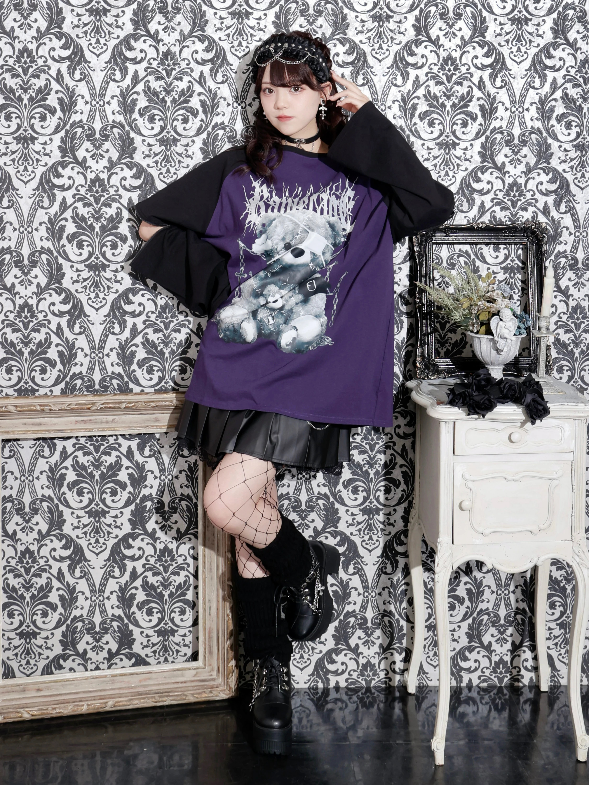 病みくまラグランユニセックスロングTシャツ（カットソー・Tシャツ｜紫