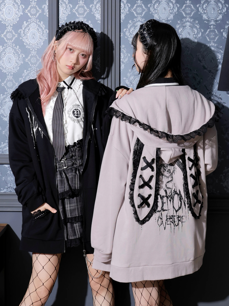 うさ耳フリルレースアップ裏毛ジップパーカー（パーカー｜ピンク