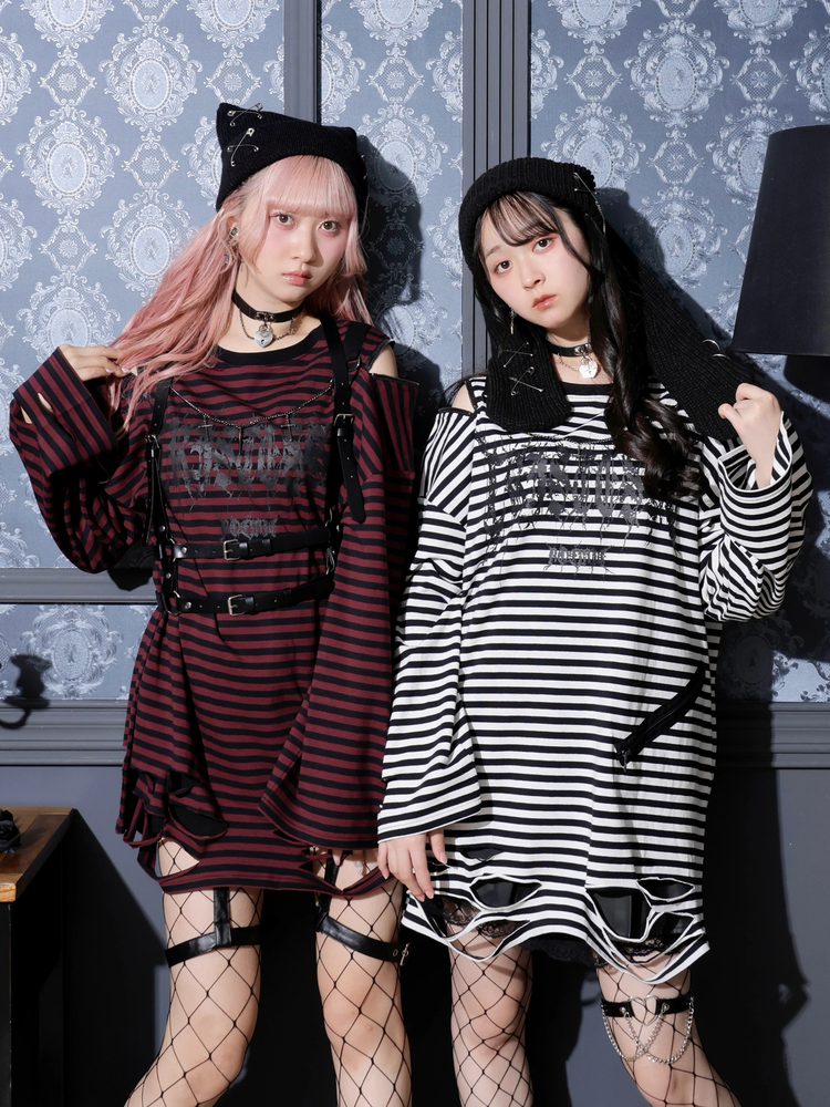 NOEMIE(ノエミー) |肩ジップボーダーロングユニセックスTシャツ