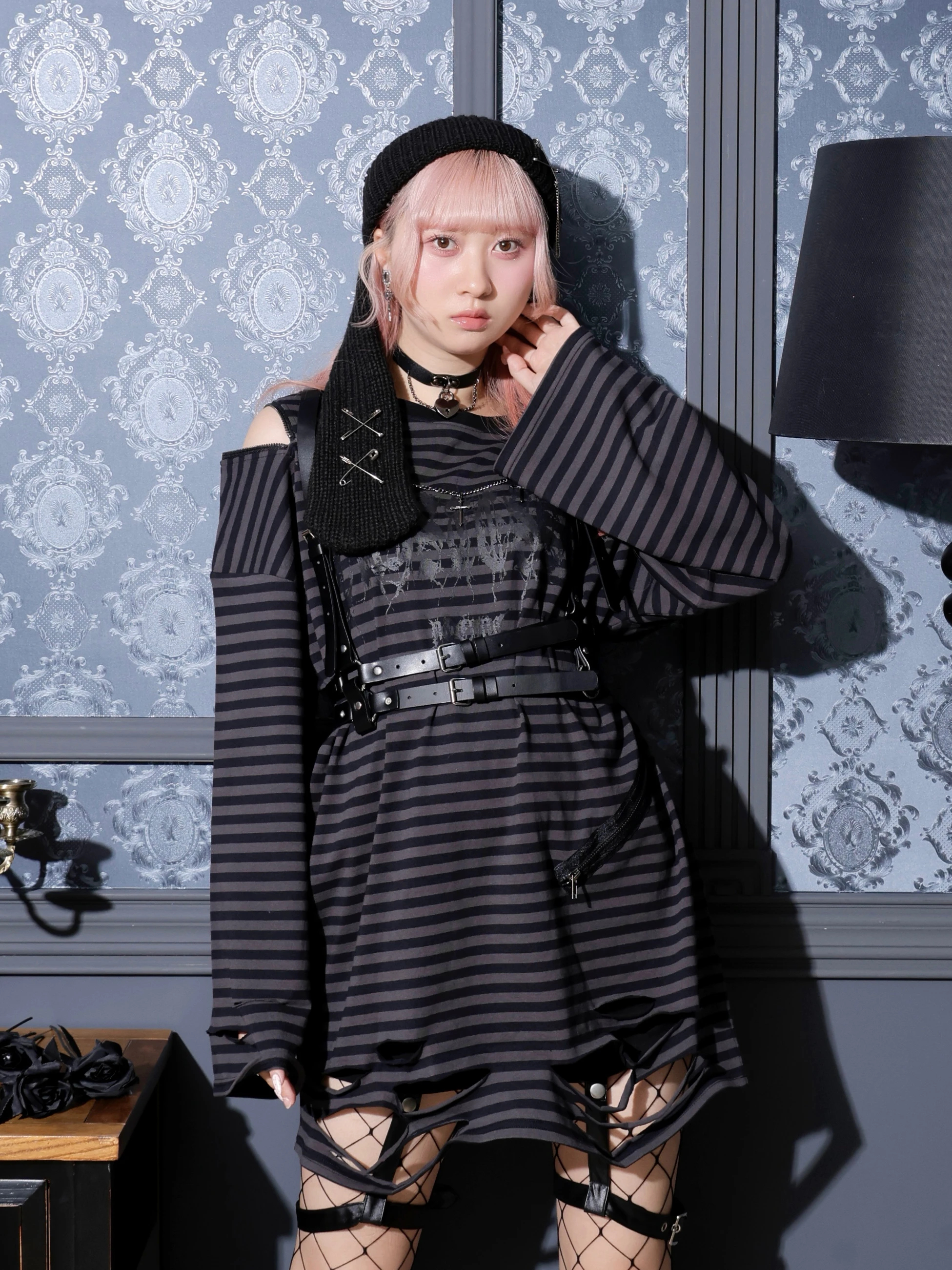 肩ジップボーダーロングユニセックスTシャツ（カットソー・Tシャツ