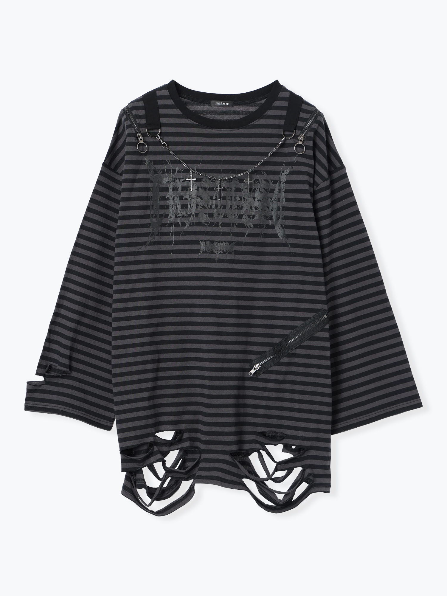 肩ジップボーダーロングユニセックスTシャツ（カットソー・Tシャツ