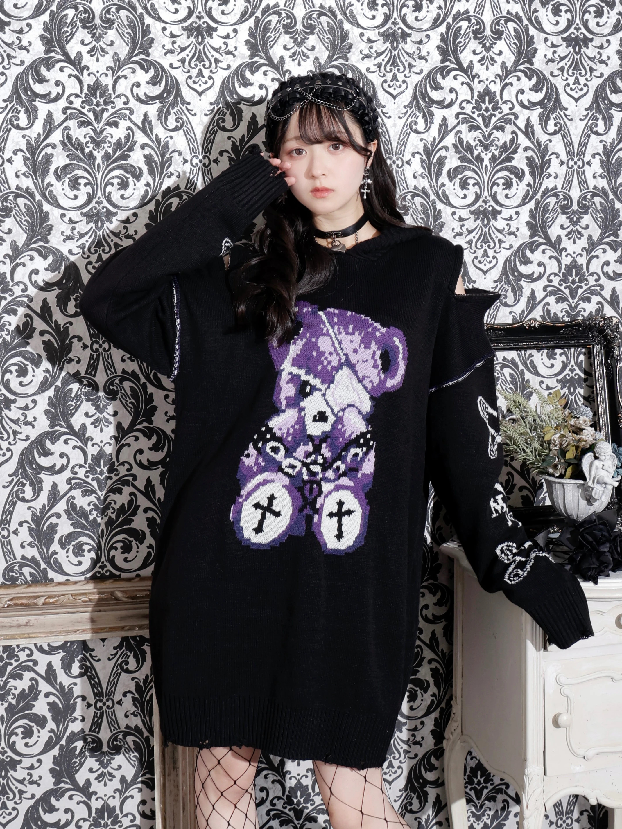 病みくまジャガードユニセックスニット（パーカー｜紫・黒）｜【公式