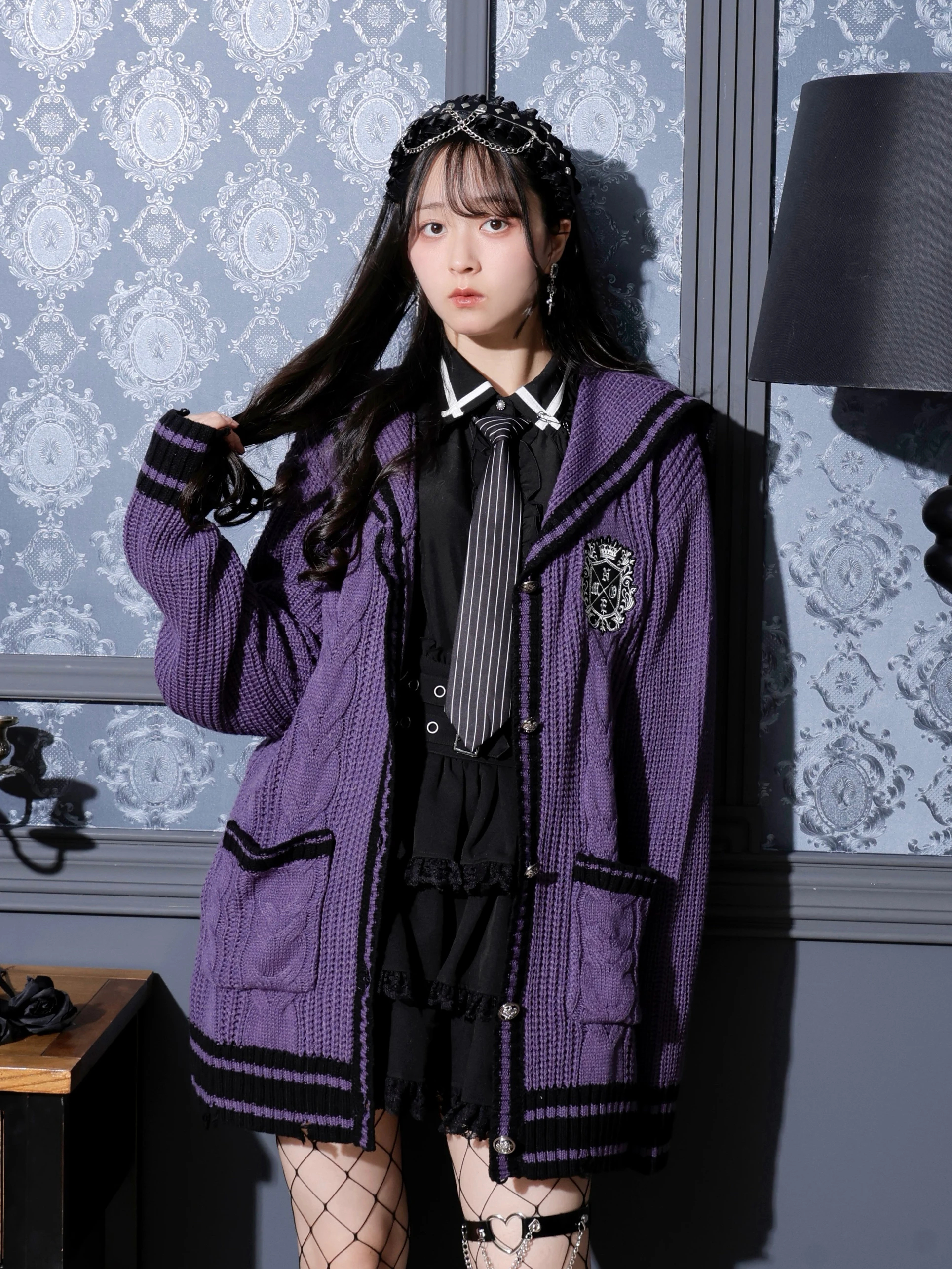 ゴシックスクールセーラーカーデ（カーディガン｜オフホワイト・紫・黒