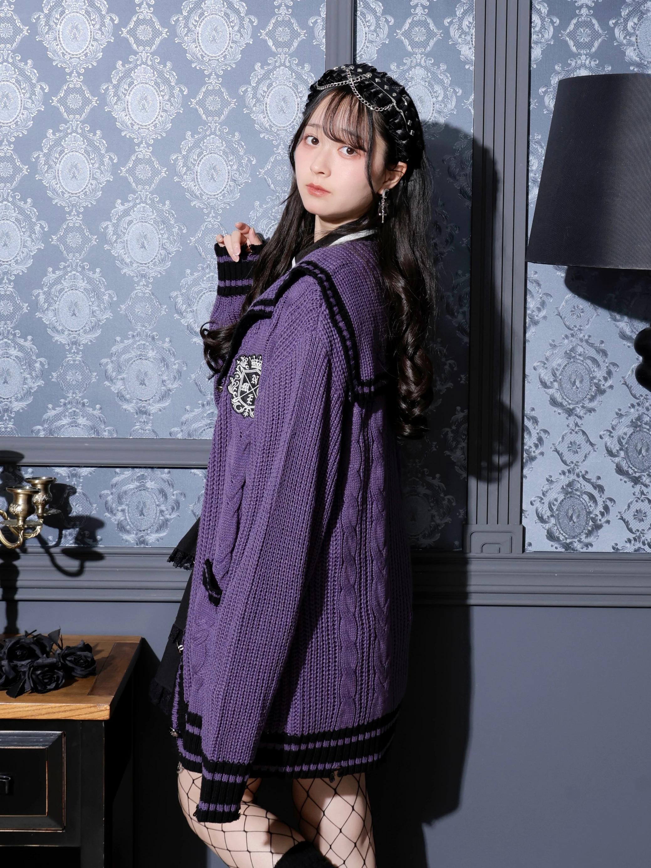 gothic系 NO ID. ストライプ カーディガン size:2 ゴシックスクールセーラーカーデ（カーディガン｜オフホワイト・紫・黒