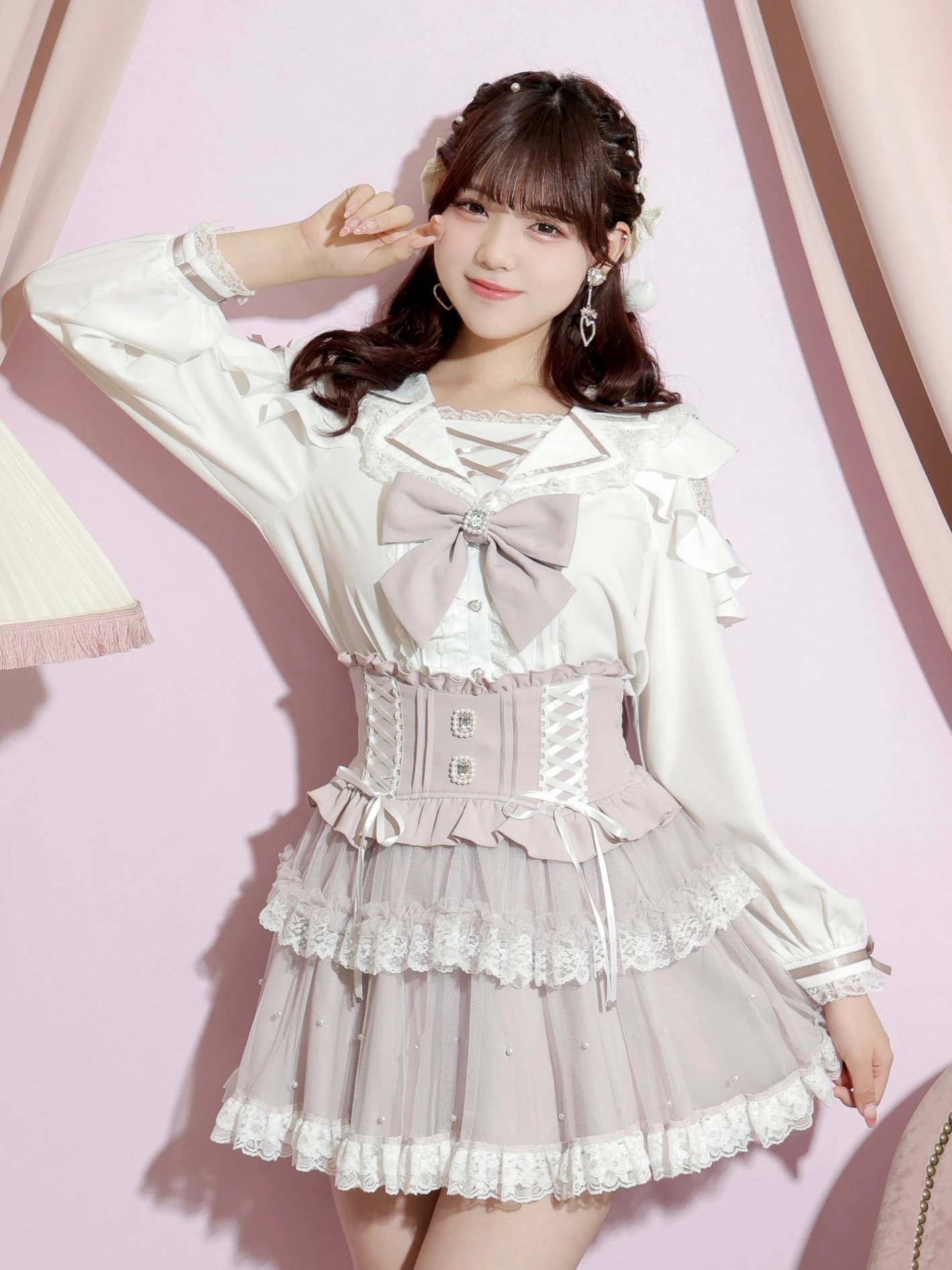 Y2K グランジ ダークコア NANA ラメ糸 シャツワンピ ネクタイ 段フリル トレンチセーラーオープンショルダーブラウス（シャツ・ブラウス