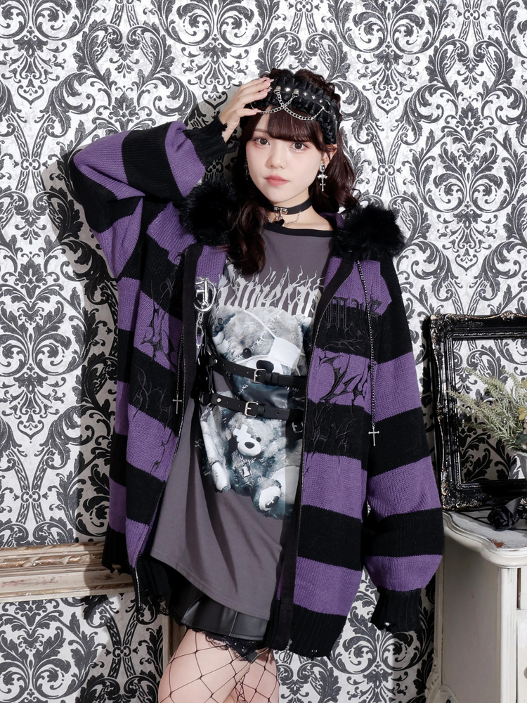 フードファーダメージユニセックスニットZIPパーカー（パーカー｜紫