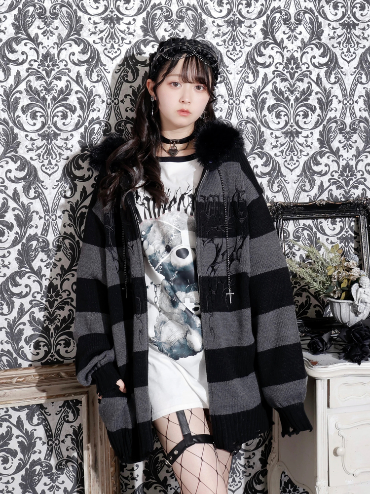 フードファーダメージユニセックスニットZIPパーカー（パーカー｜紫