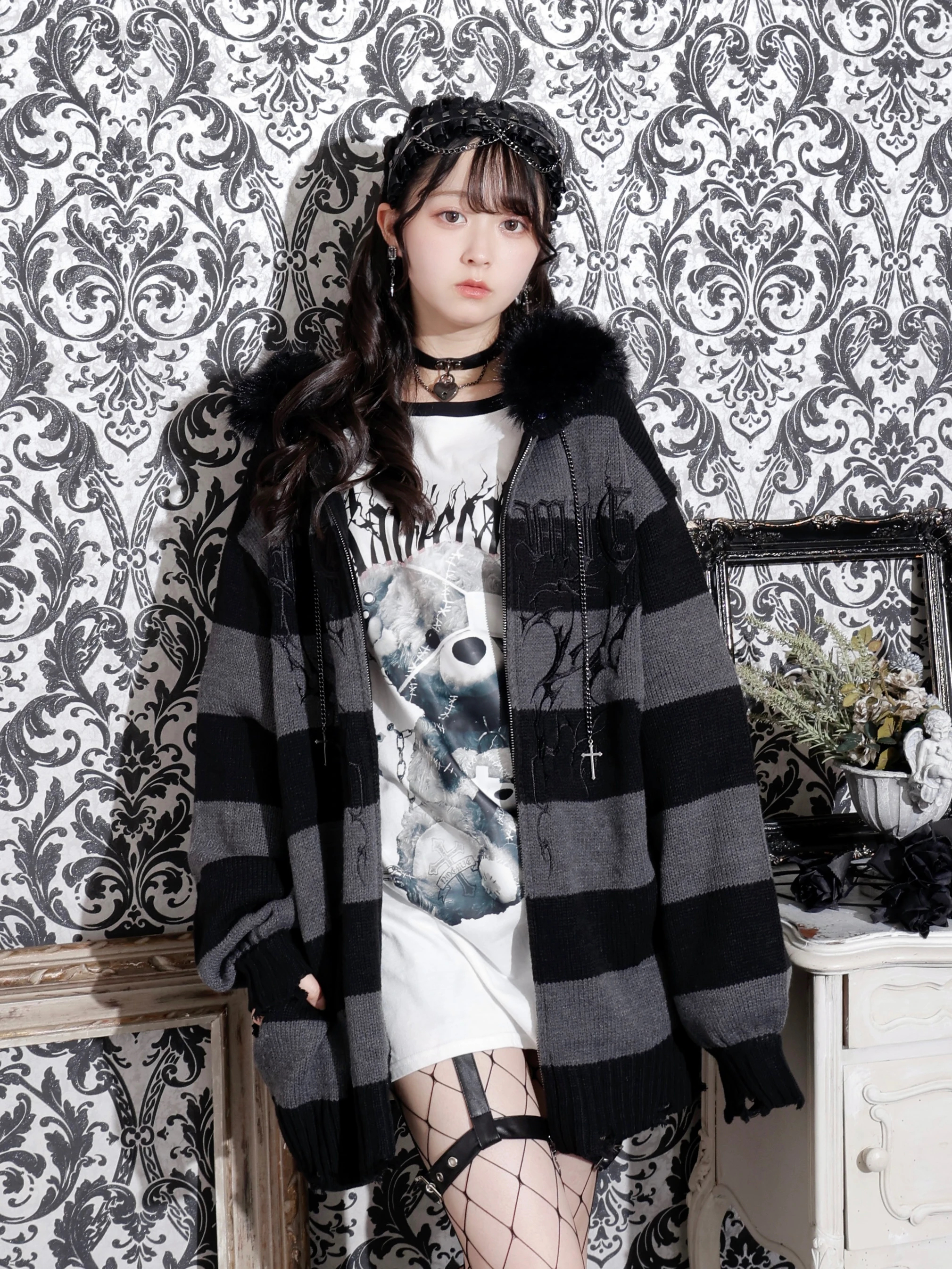 フードファーダメージユニセックスニットZIPパーカー（パーカー