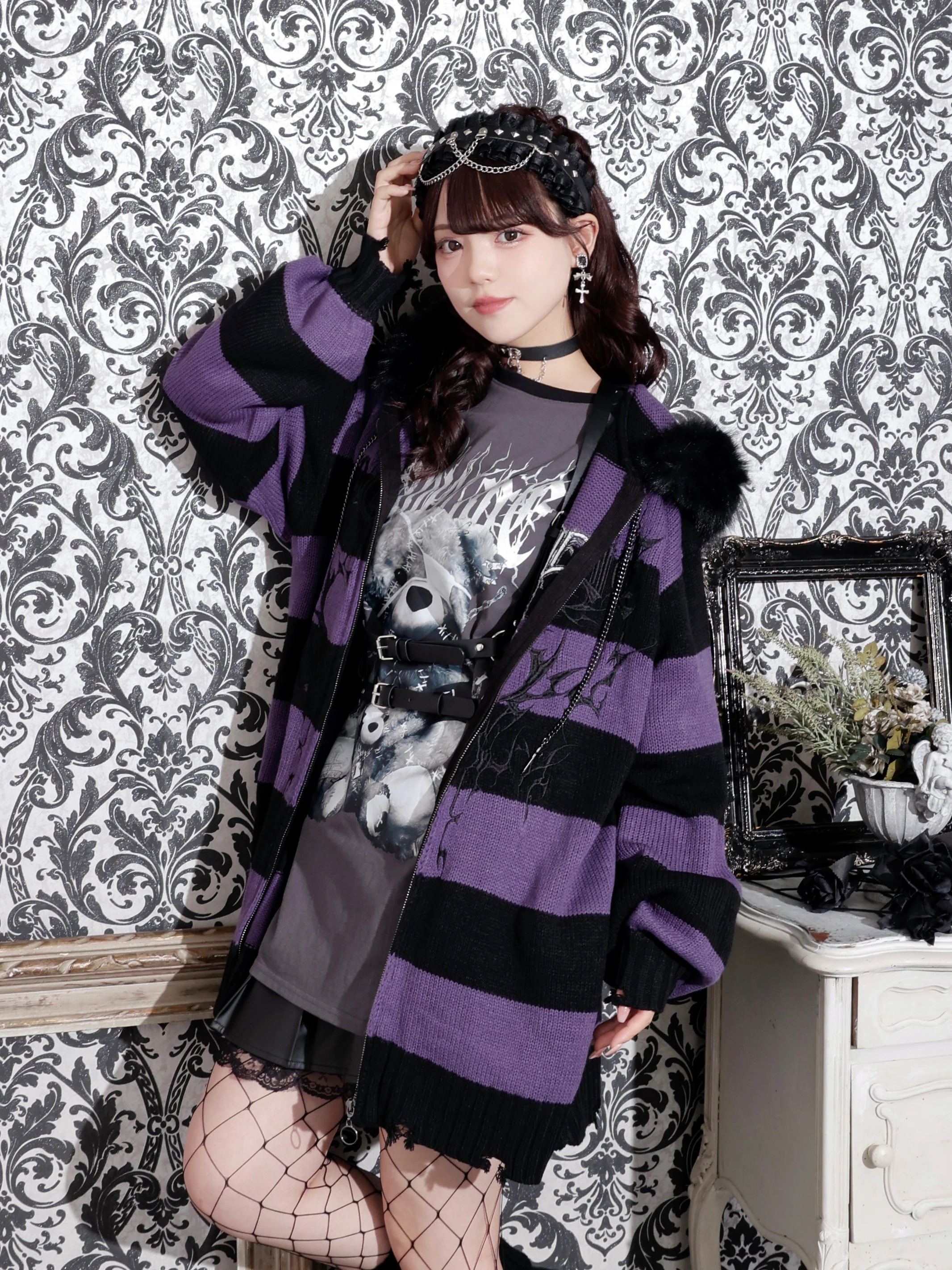 フードファーダメージユニセックスニットZIPパーカー（パーカー｜紫