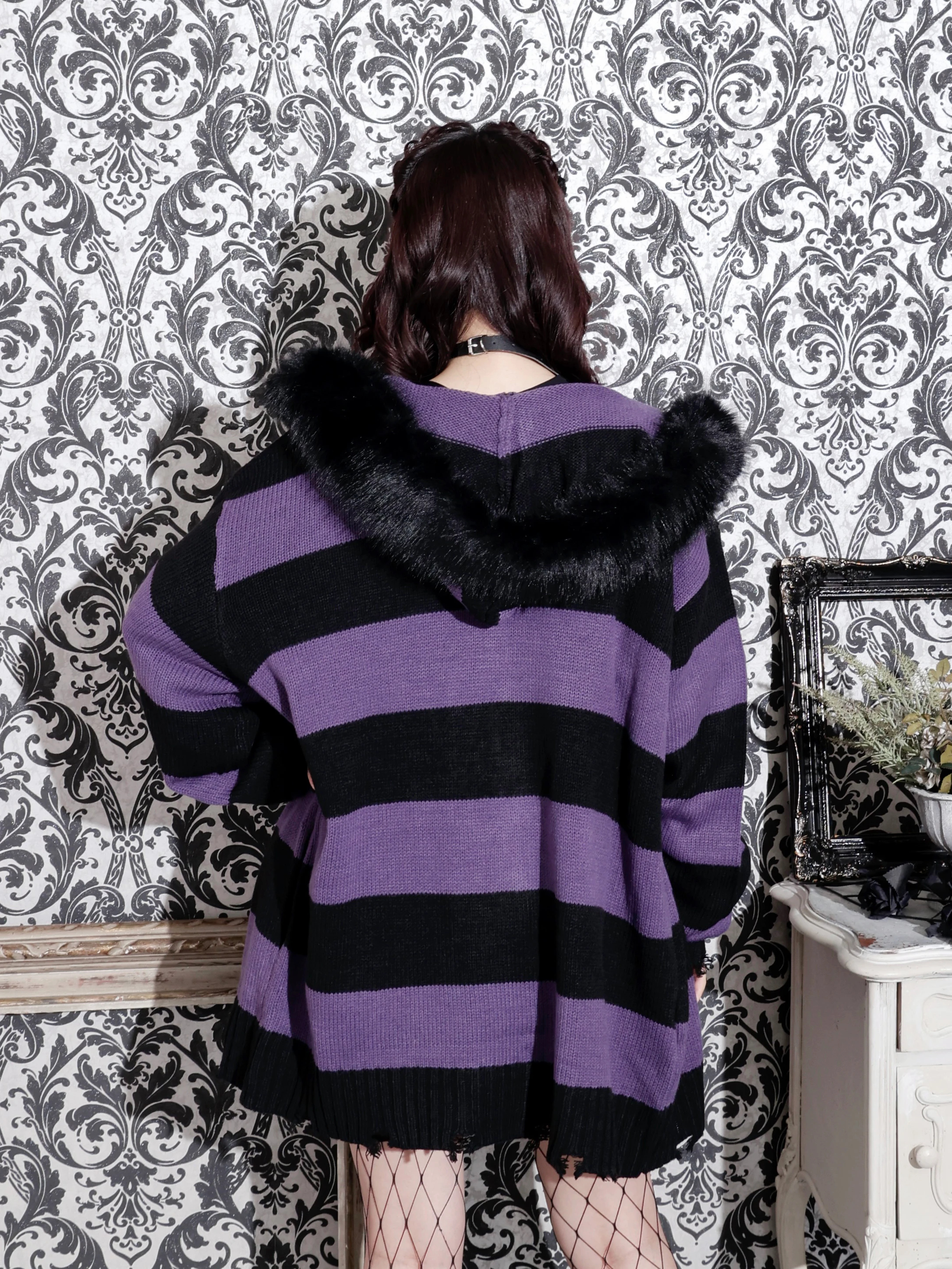 フードファーダメージユニセックスニットZIPパーカー（パーカー｜紫