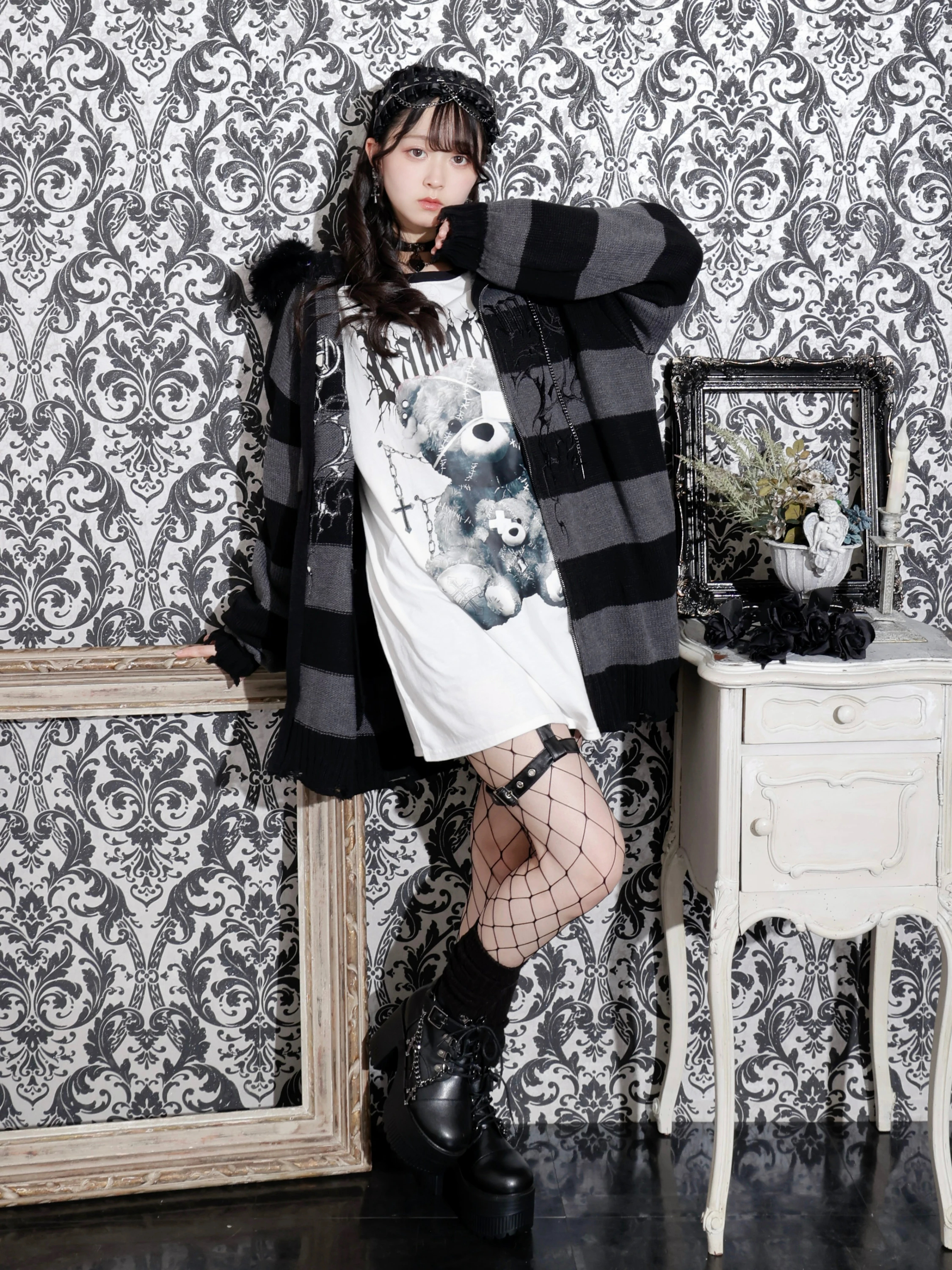 フードファーダメージユニセックスニットZIPパーカー(パーカー|紫 フードファーダメージユニセックスニットZIPパーカー(パーカー|紫