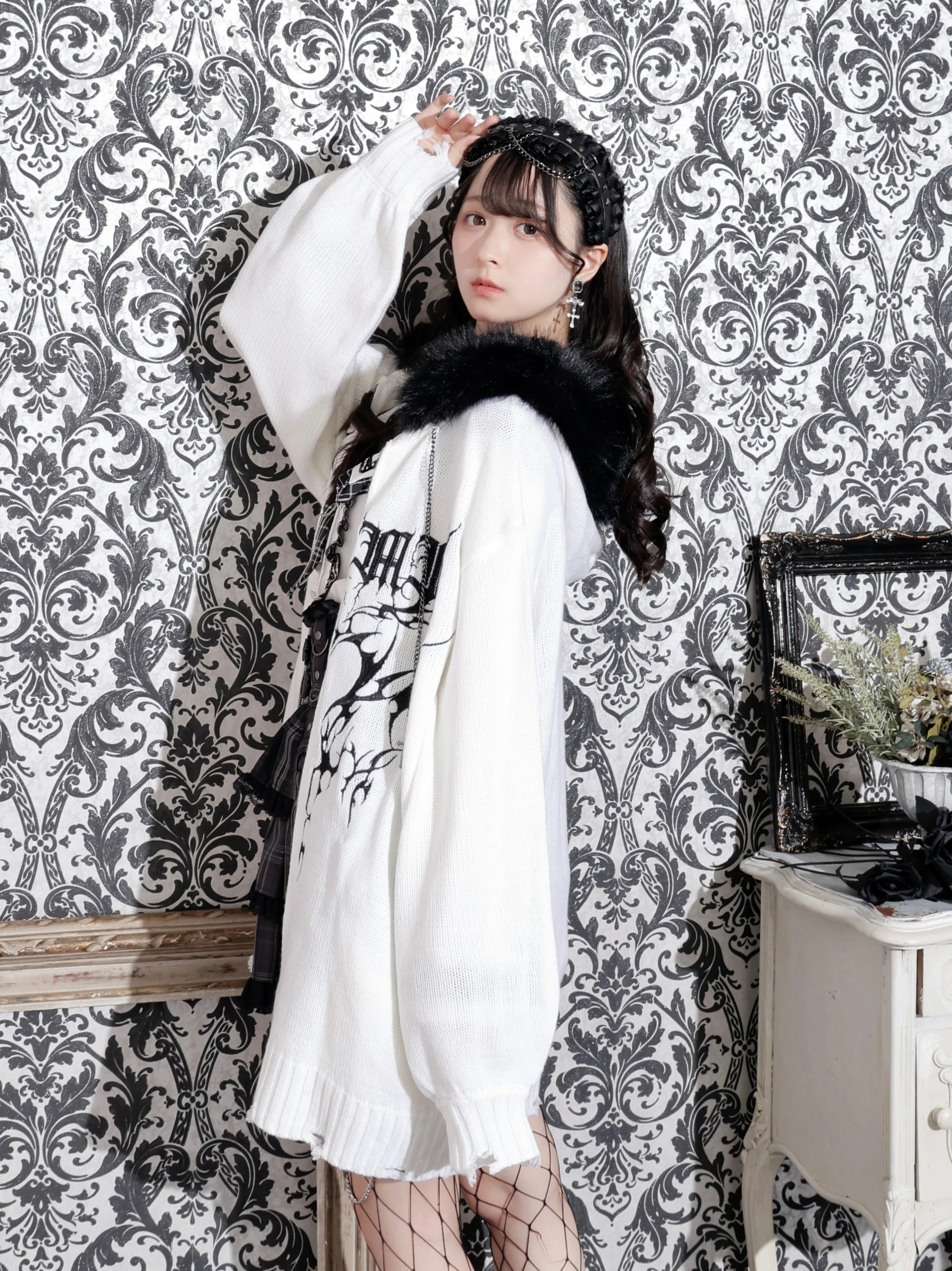 フードファーダメージユニセックスニットZIPパーカー（パーカー｜紫