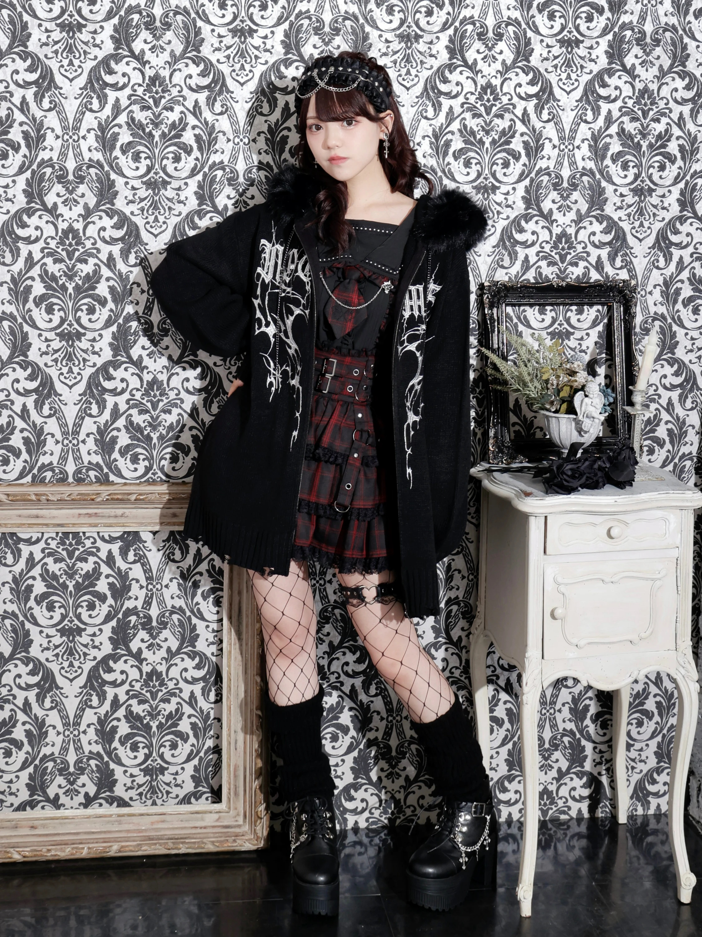 フードファーダメージユニセックスニットZIPパーカー（パーカー｜紫