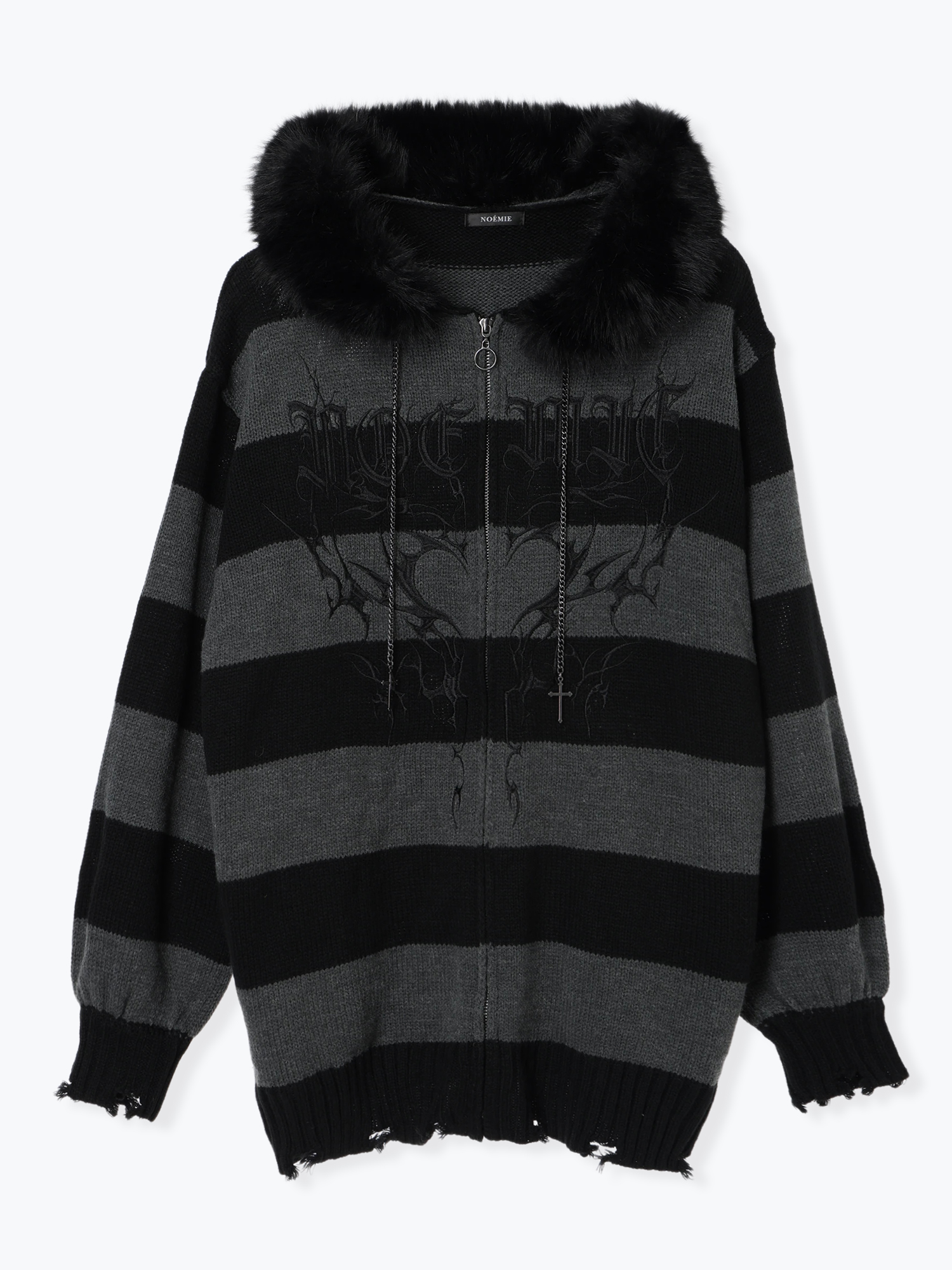 フードファーダメージユニセックスニットZIPパーカー（パーカー｜紫