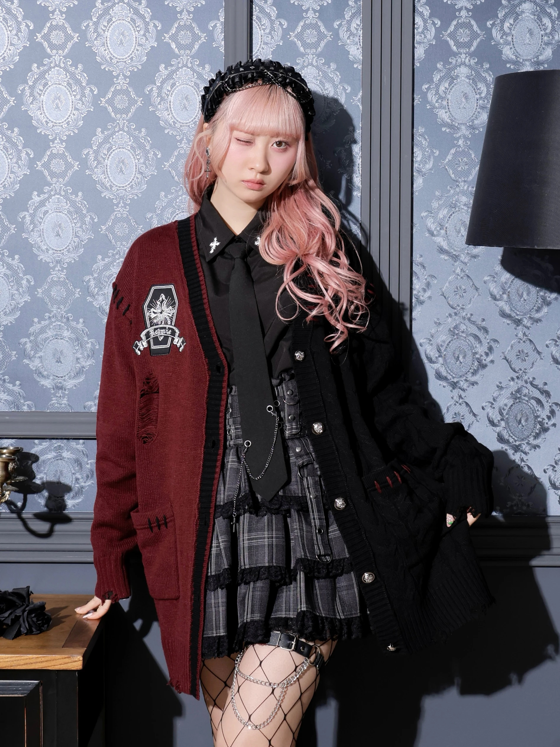 配色ケーブルダメージユニセックスカーデ（カーディガン｜オフホワイト