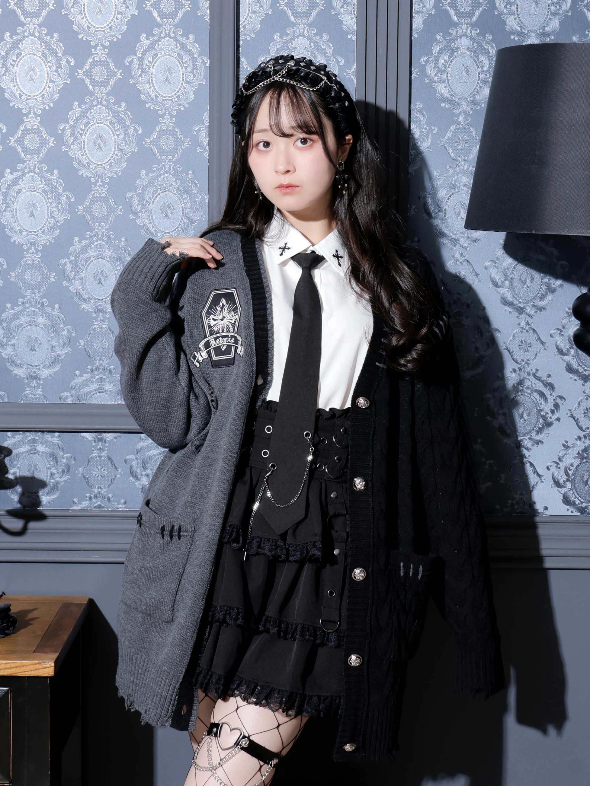 配色ケーブルダメージユニセックスカーデ（カーディガン｜オフホワイト