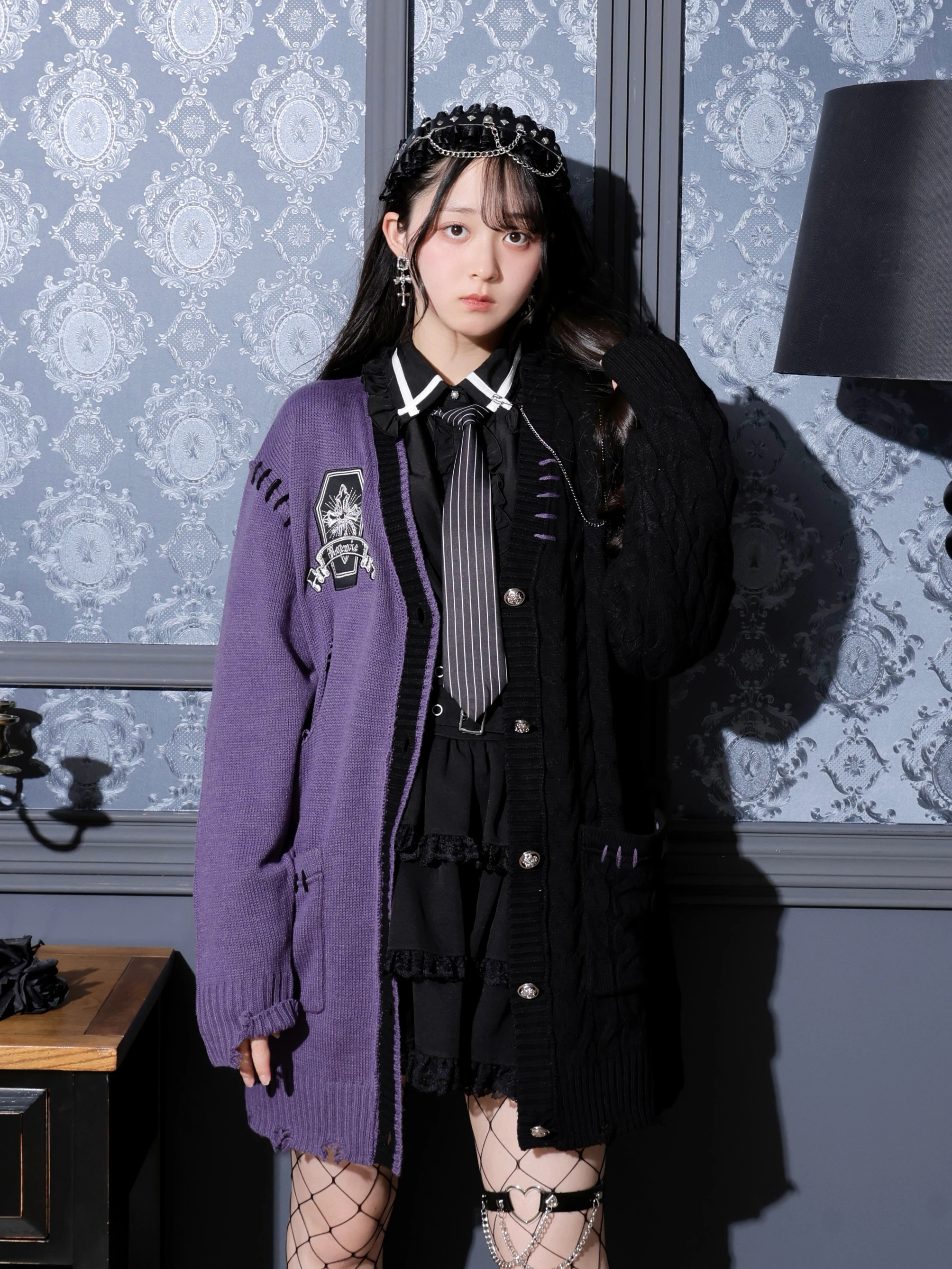 配色ケーブルダメージユニセックスカーデ（カーディガン｜オフホワイト