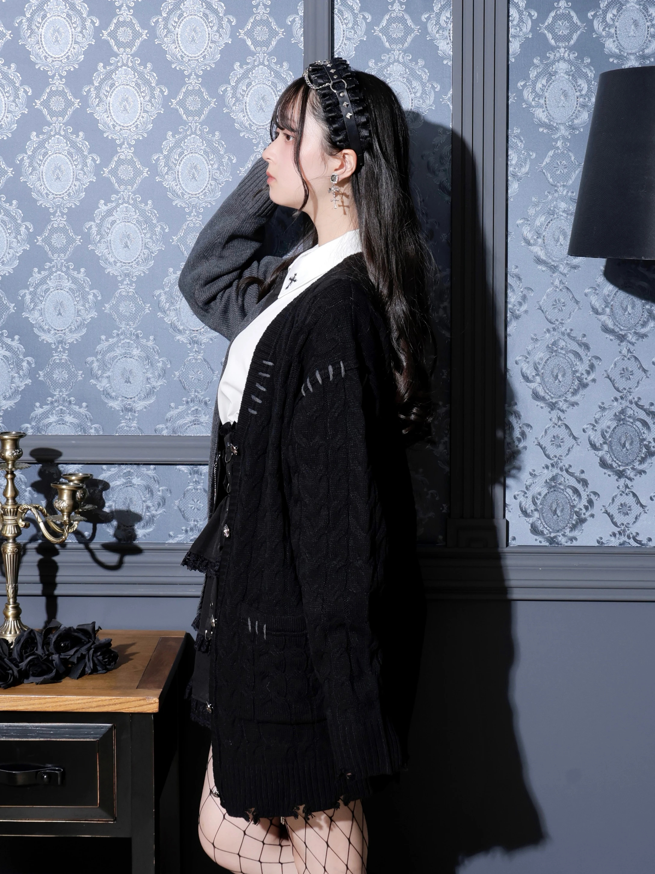 配色ケーブルダメージユニセックスカーデ（カーディガン｜オフホワイト