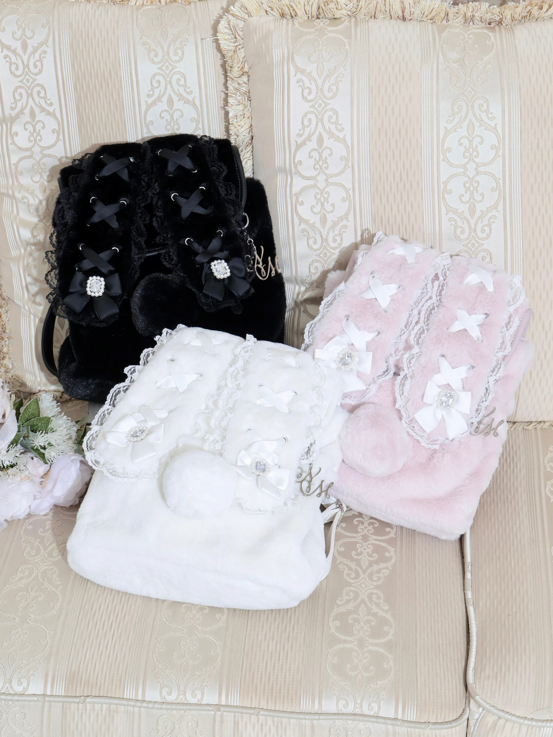 うさ耳リボンレースアップファーリュック（リュック｜ピンク