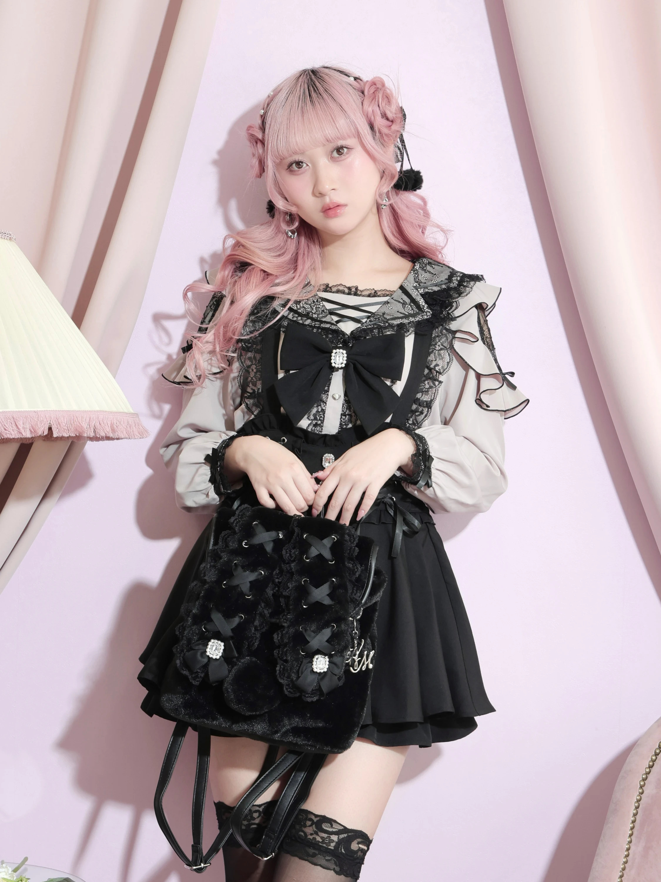 うさ耳リボンレースアップファーリュック（リュック｜ピンク