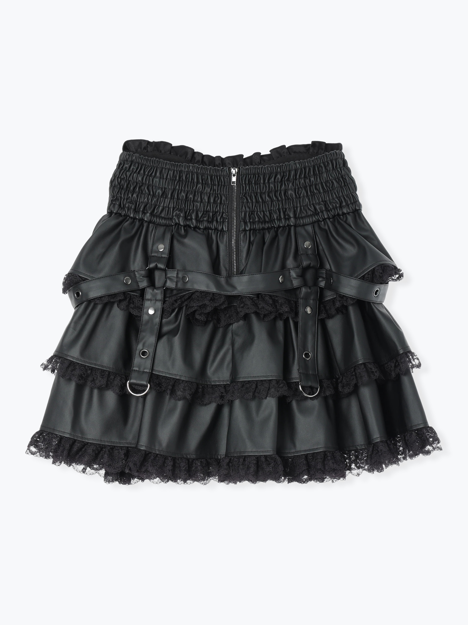 フェイクレザーダブルベルトティアードスカパン（ミニスカート｜黒