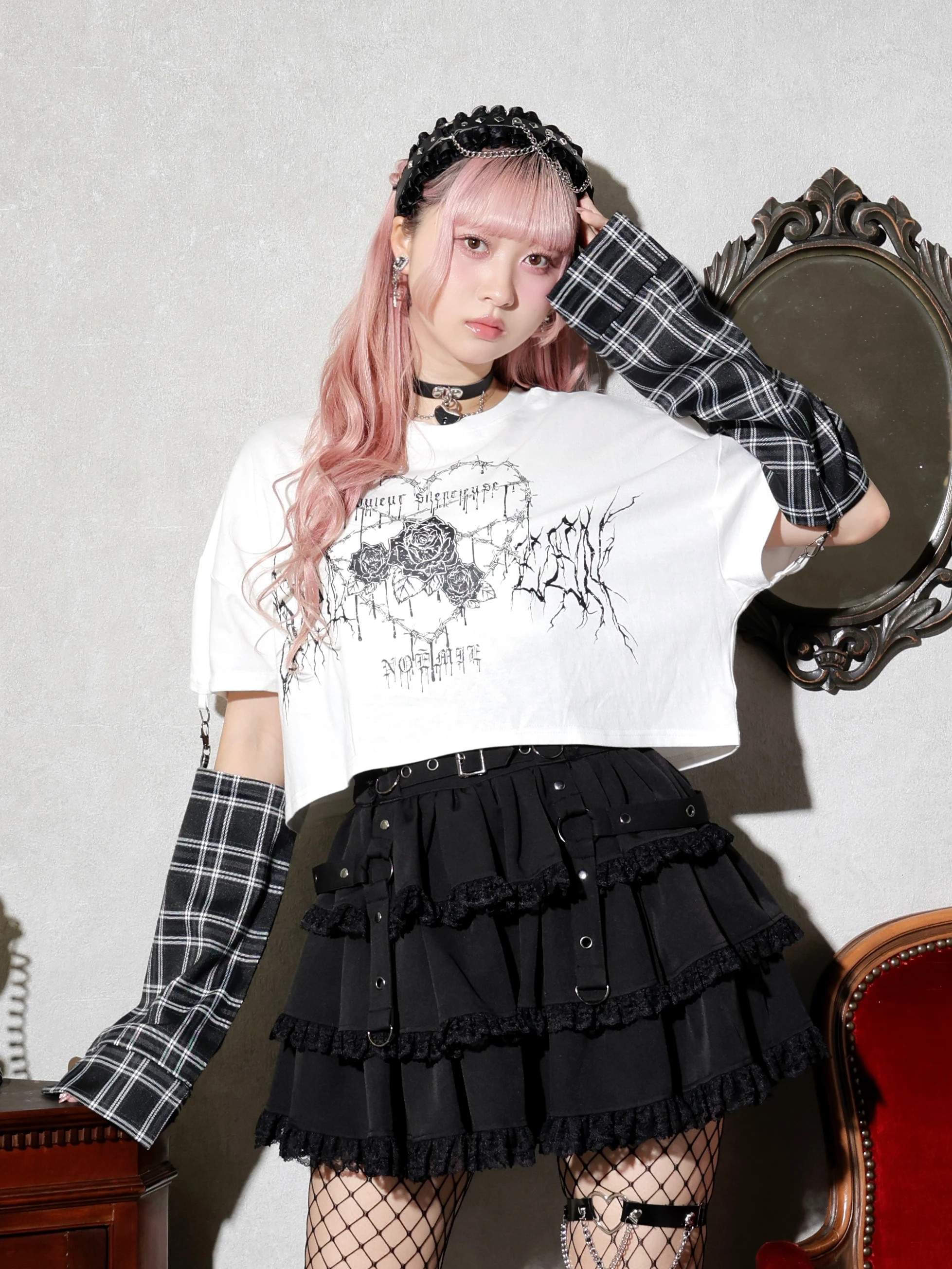 2WAYチェックスリーブTシャツ（カットソー・Tシャツ｜オフホワイト・赤