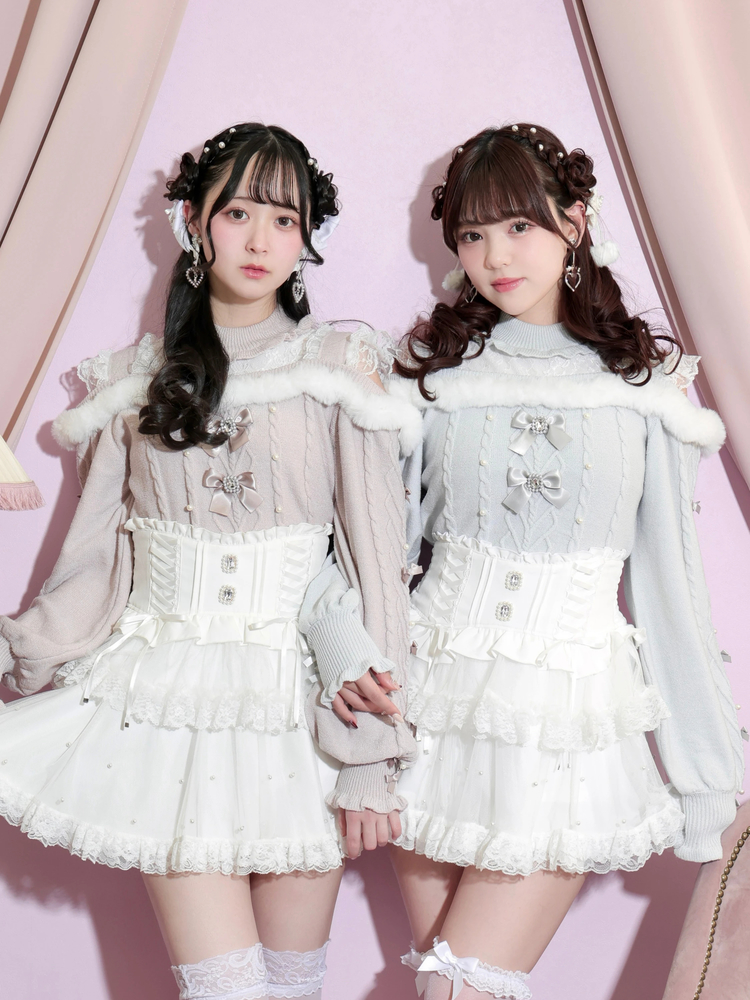 NOEMIE(ノエミー) |ビジューリボンケーブルオフショルファーニット