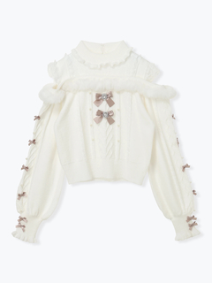 NOEMIE(ノエミー) |ビジューリボンケーブルオフショルファーニット