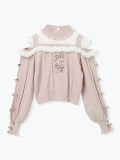 NOEMIE(ノエミー) |ビジューリボンケーブルオフショルファーニット