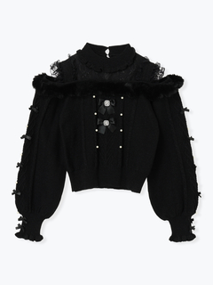 NOEMIE(ノエミー) |ビジューリボンケーブルオフショルファーニット