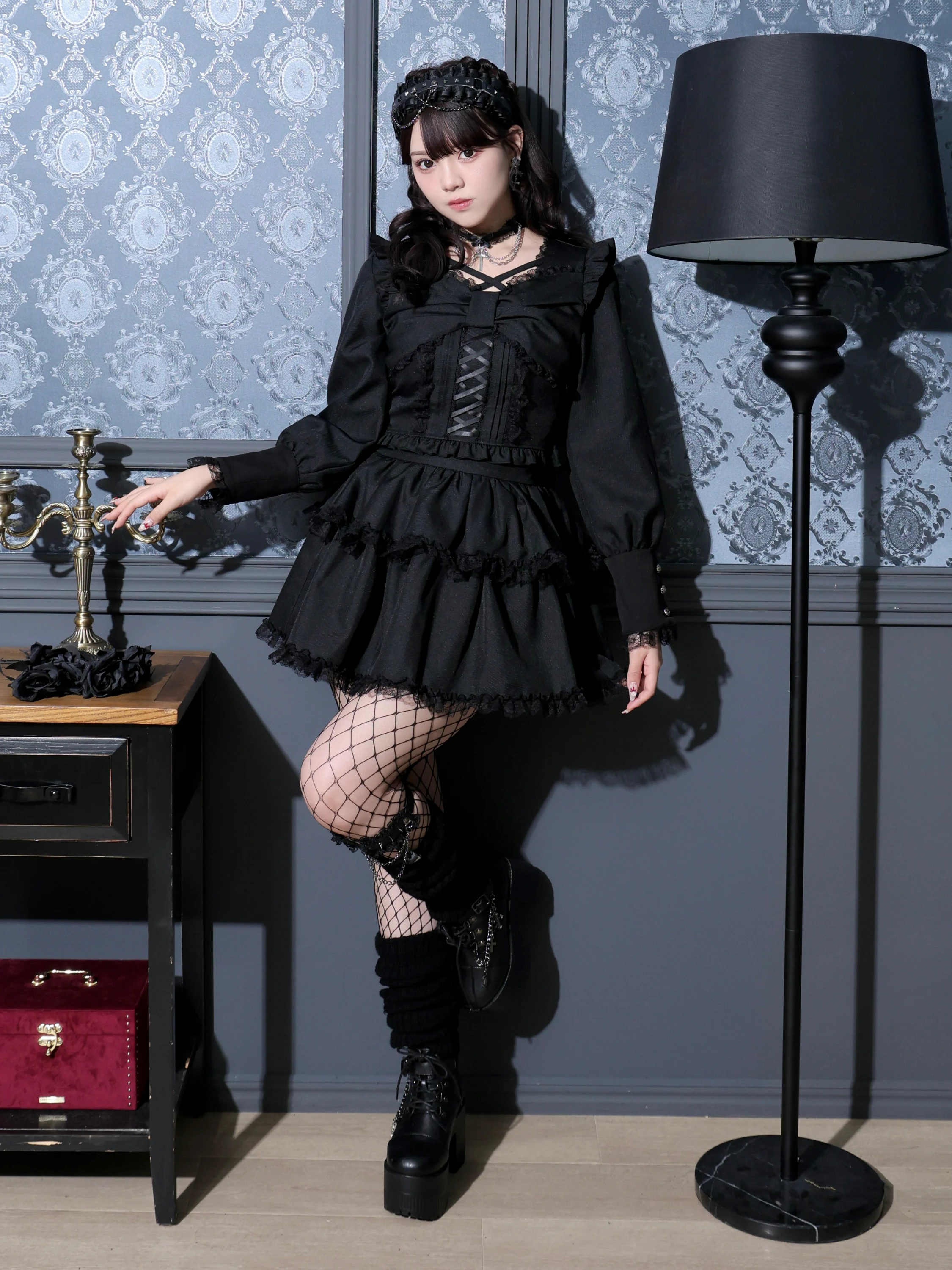 デコルテチョーカーリボンカフスセットアップ（セットアップ｜青・濃