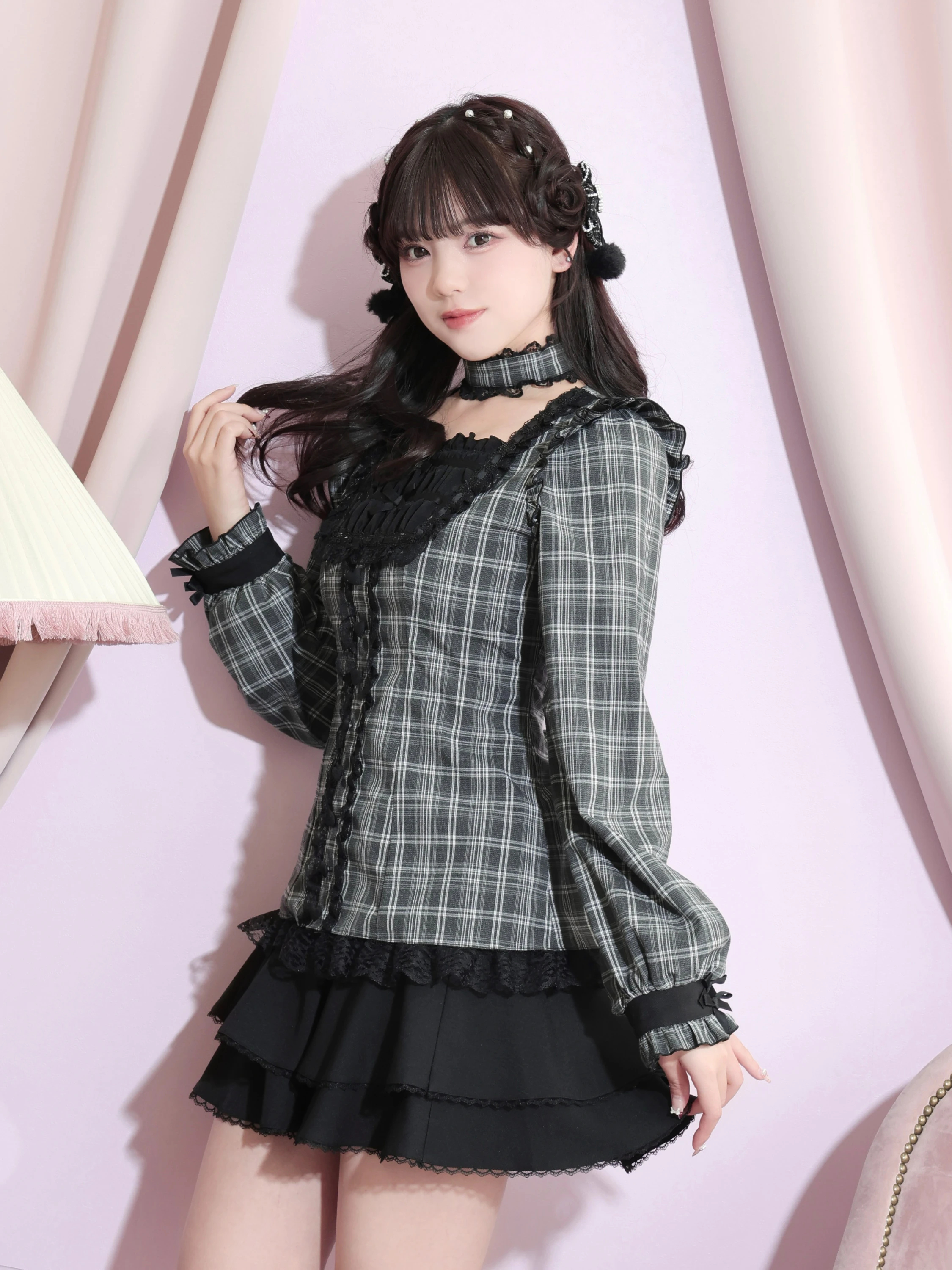 チョーカー付きティアードセットアップ（セットアップ｜黒・A柄