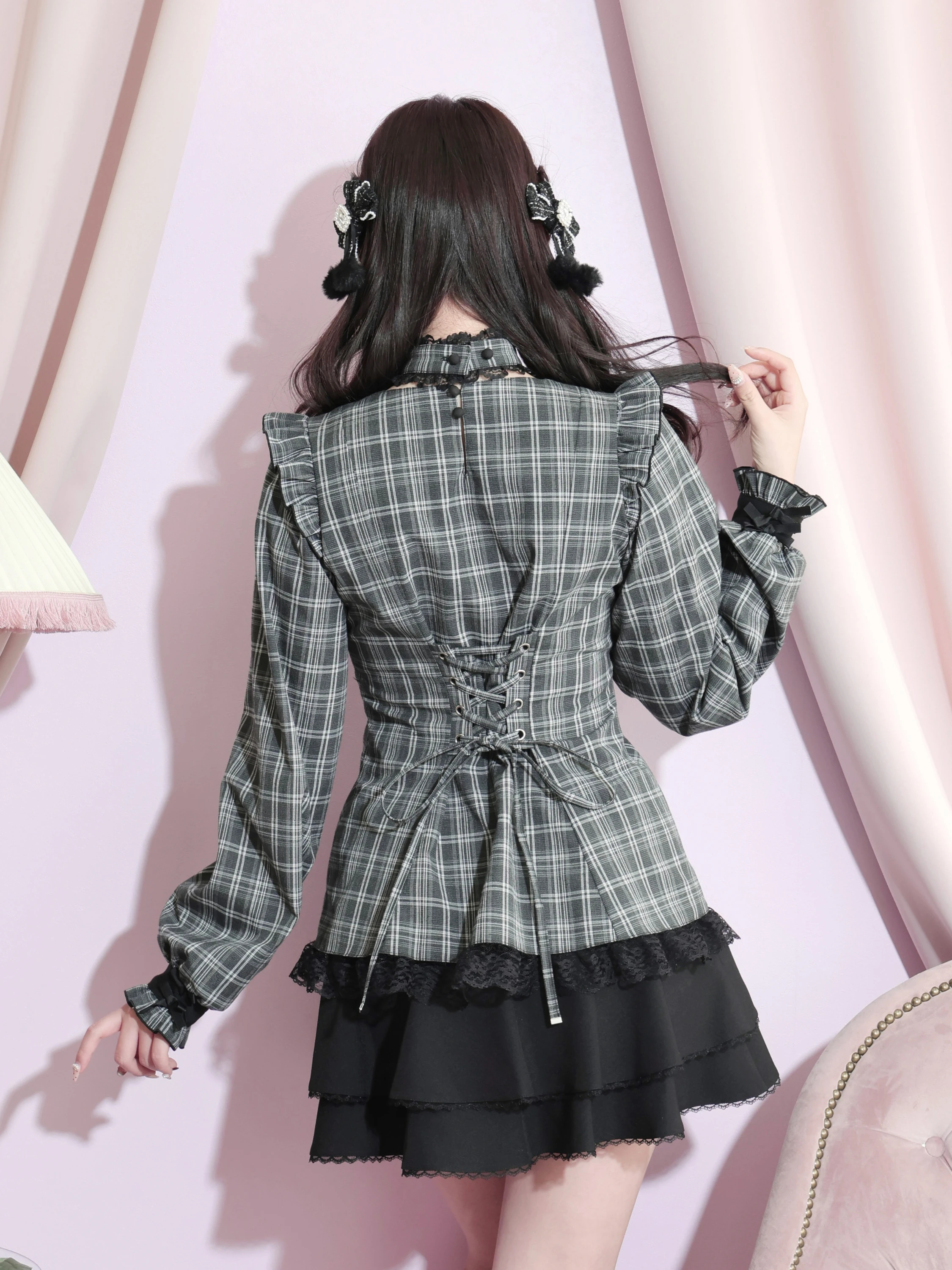 チョーカー付きティアードセットアップ（セットアップ｜黒・A柄