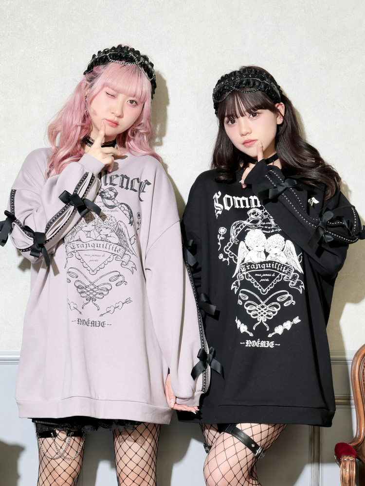 袖リボンエンジェルフリルチュニック（パーカー｜黒・ピンク）｜【公式