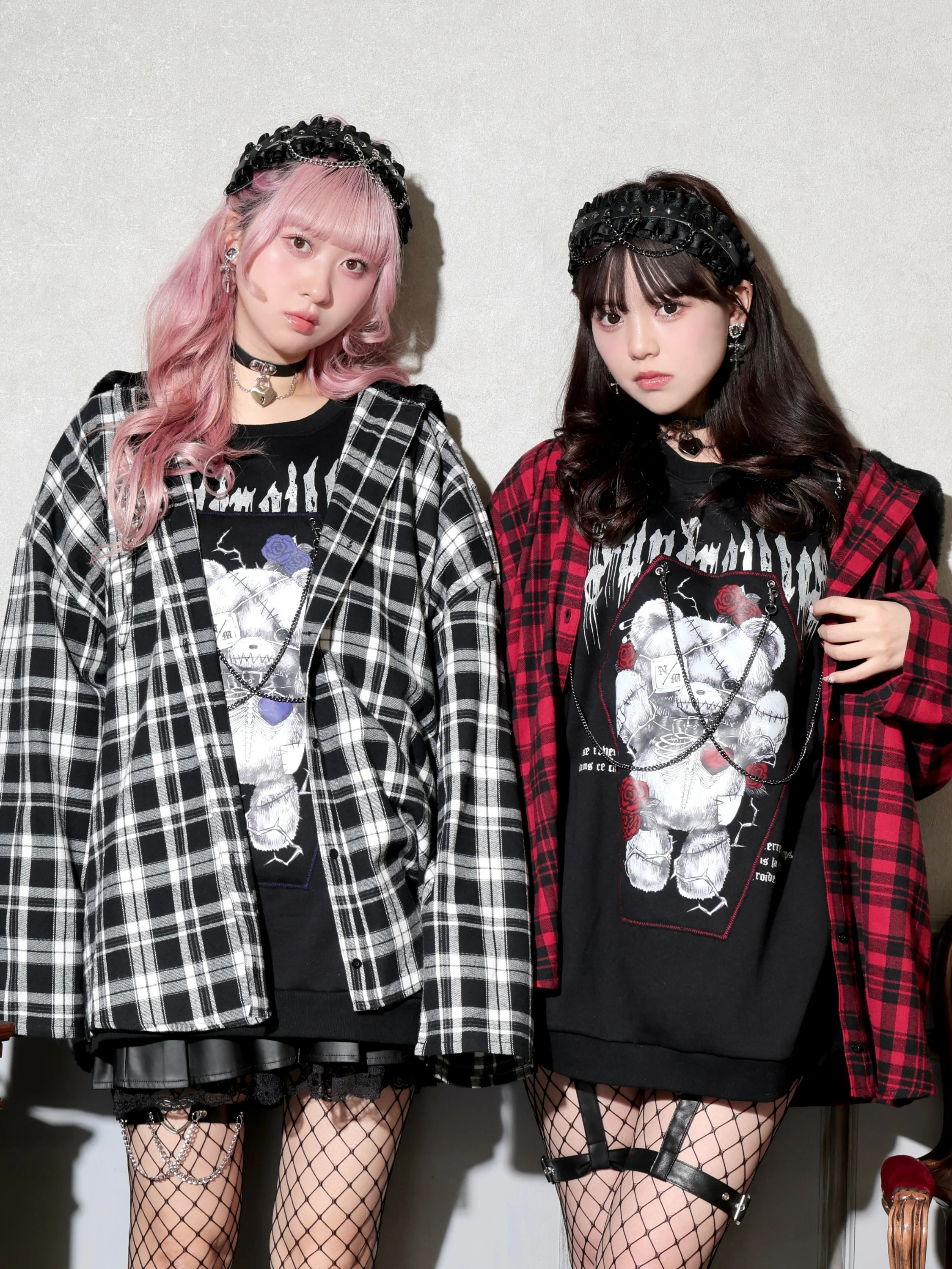 ファー付きクロスチェックユニセックスシャツ(パーカー|赤・青・オフ ファー付きクロスチェックユニセックスシャツ(パーカー|赤・青・オフ