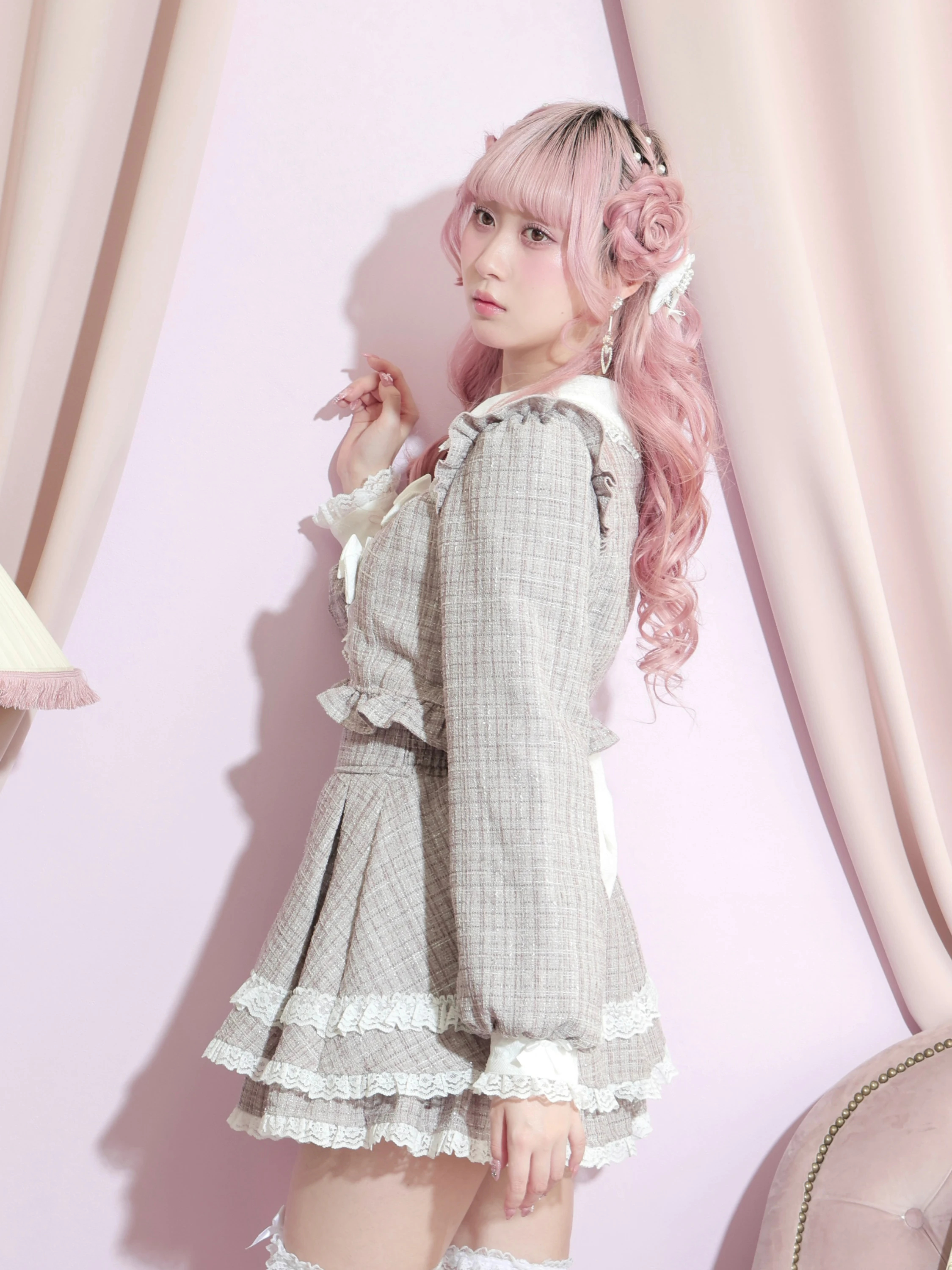 キラキラツイードデコルテレースセットアップ（セットアップ｜ピンク