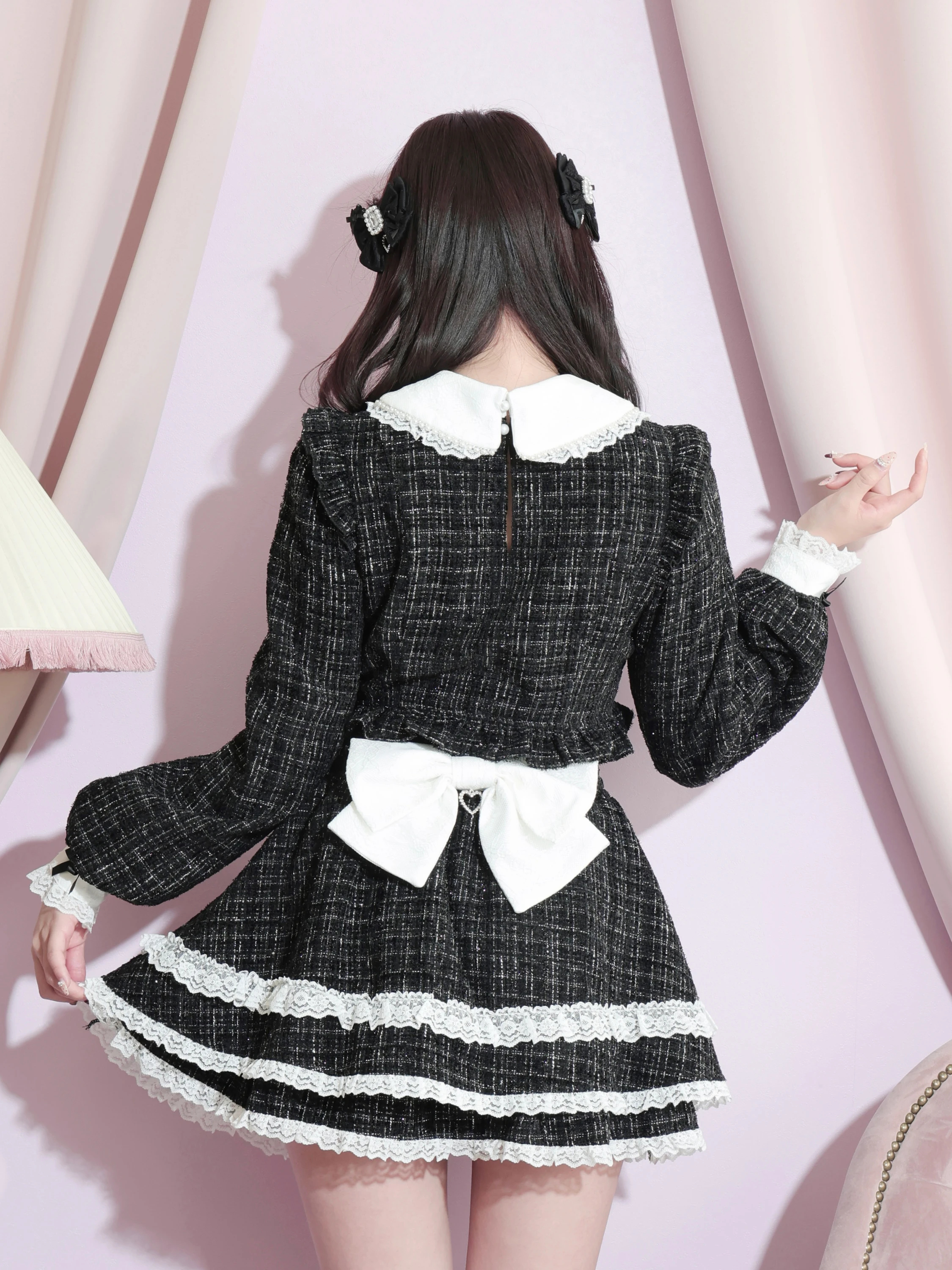 キラキラツイードデコルテレースセットアップ（セットアップ｜ピンク