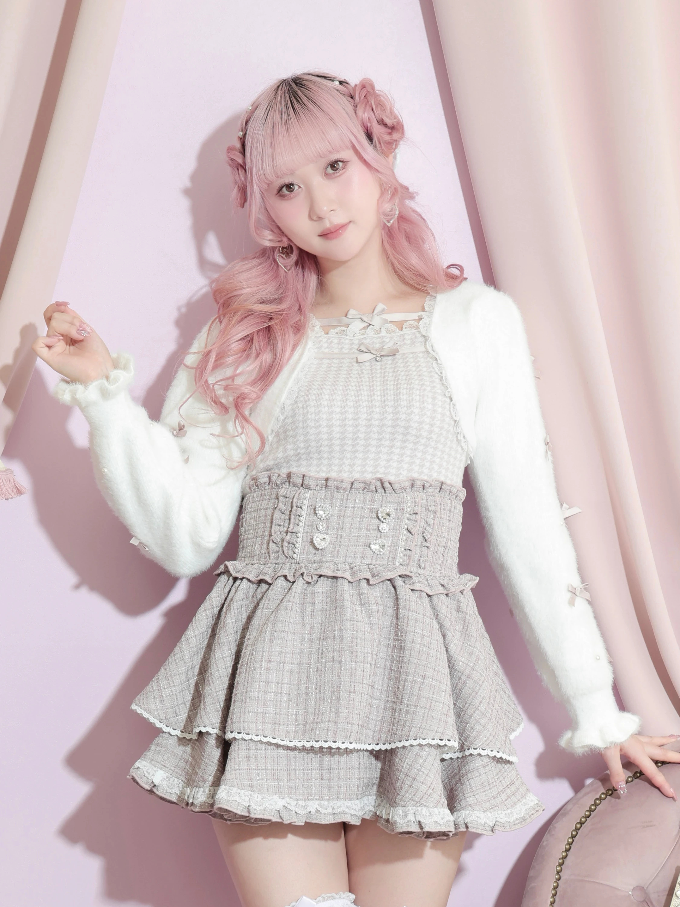 メニーリボンシャギーレイヤード千鳥ニット（ニット・セーター｜ピンク